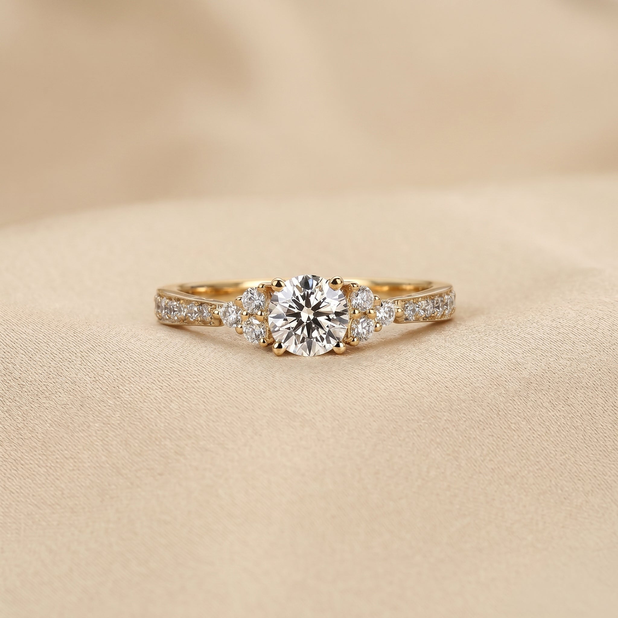 Solitaire Round Lab Grown Diamond Side Stone Ring in 14K Yellow Gold 0.95 CTW