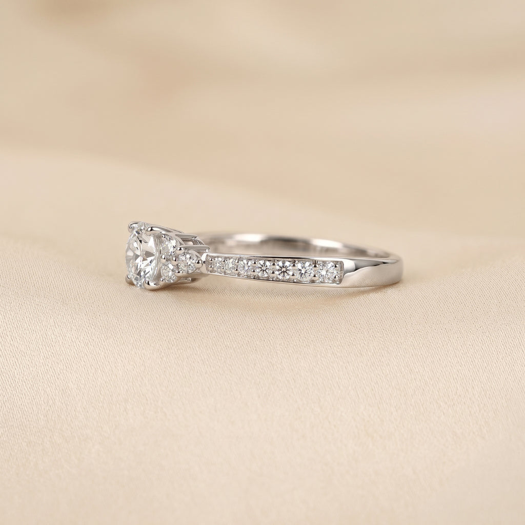 Solitaire Round Lab Grown Diamond Side Stone Ring in 18K White Gold 0.95 CTW