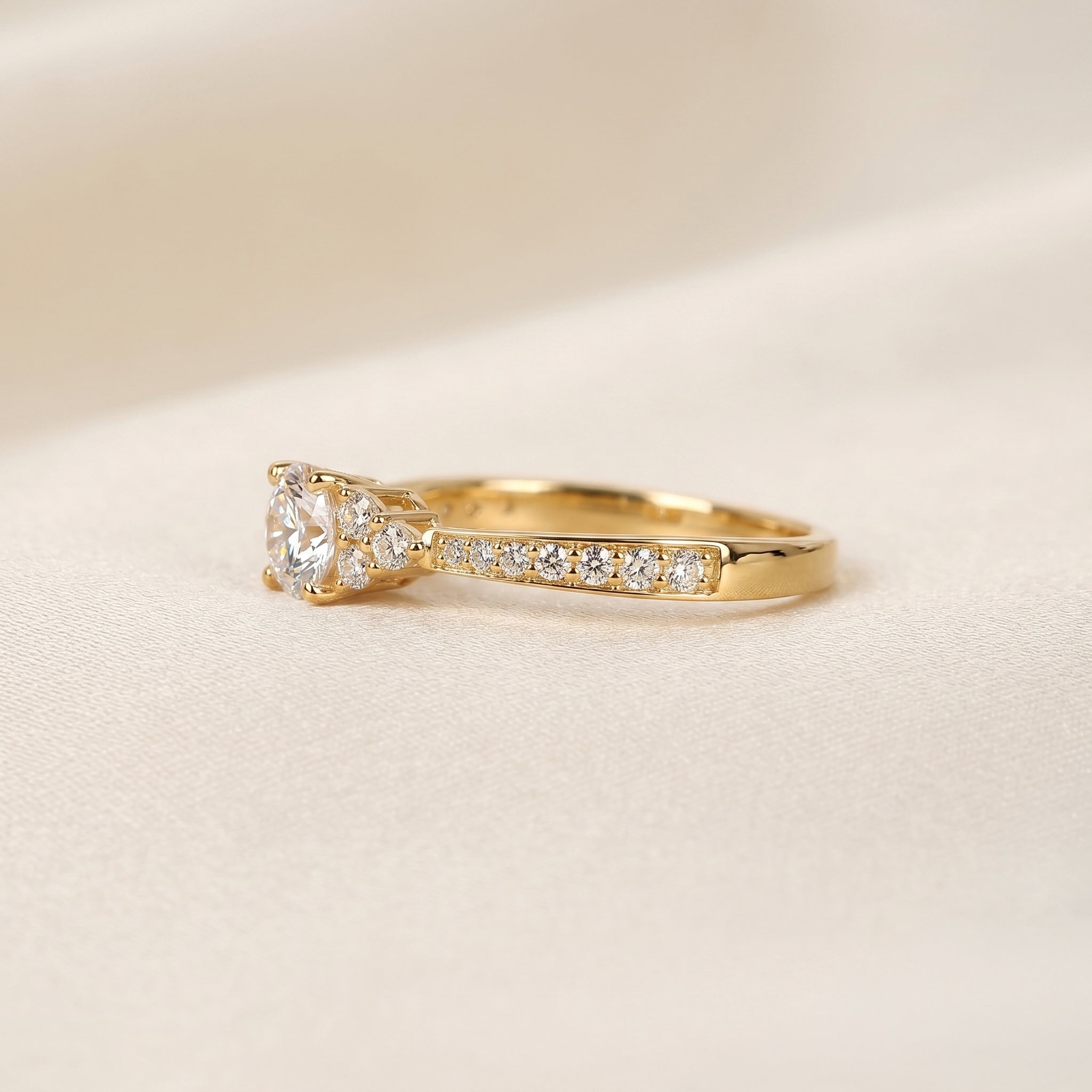 Solitaire Round Lab Grown Diamond Side Stone Ring in 18K Yellow Gold 0.95 CTW