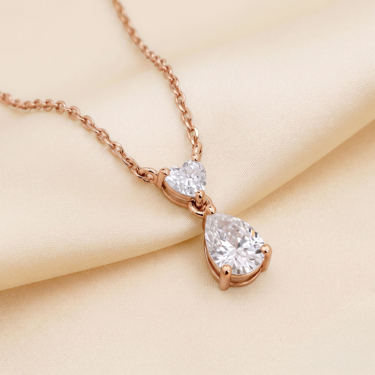 Heart & Pear Lab Grown Diamond Double Charm Teardrop Necklace in 10K Rose Gold 0.7 CTW, view 3