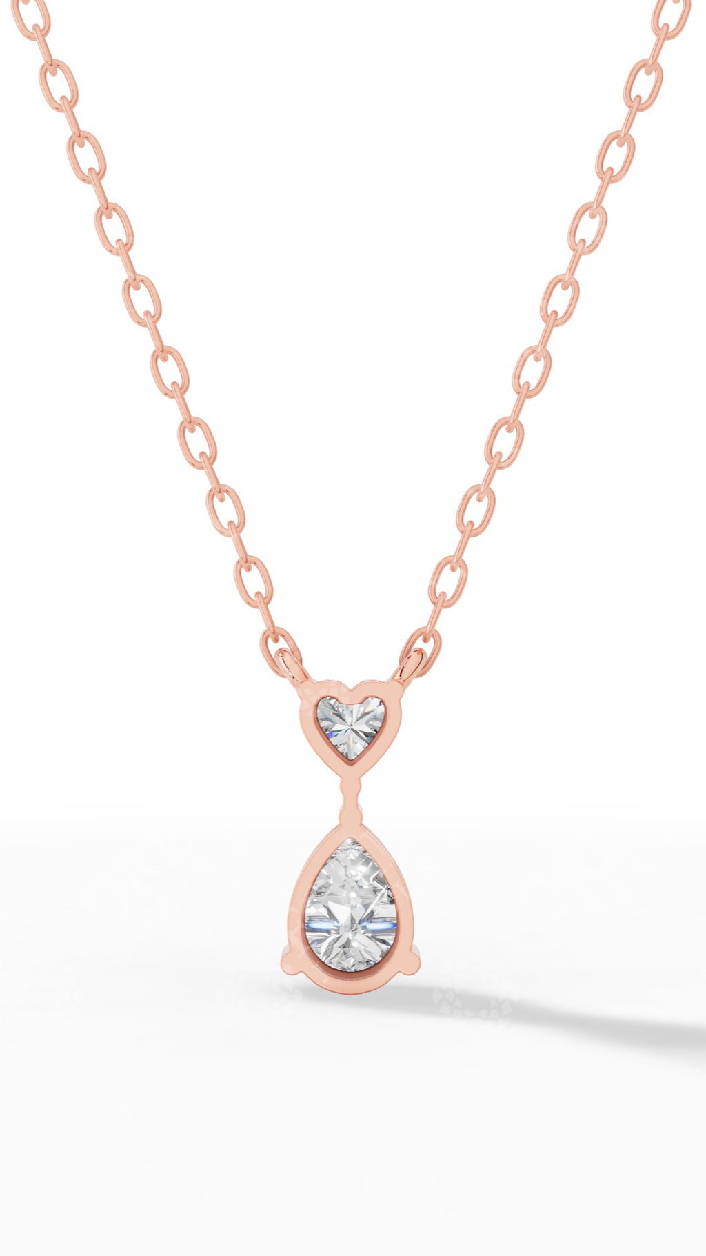 Tear Drop Double Charm Chained Necklace With Heart And Pear Cut 10K Rose Gold 0.8 CTW