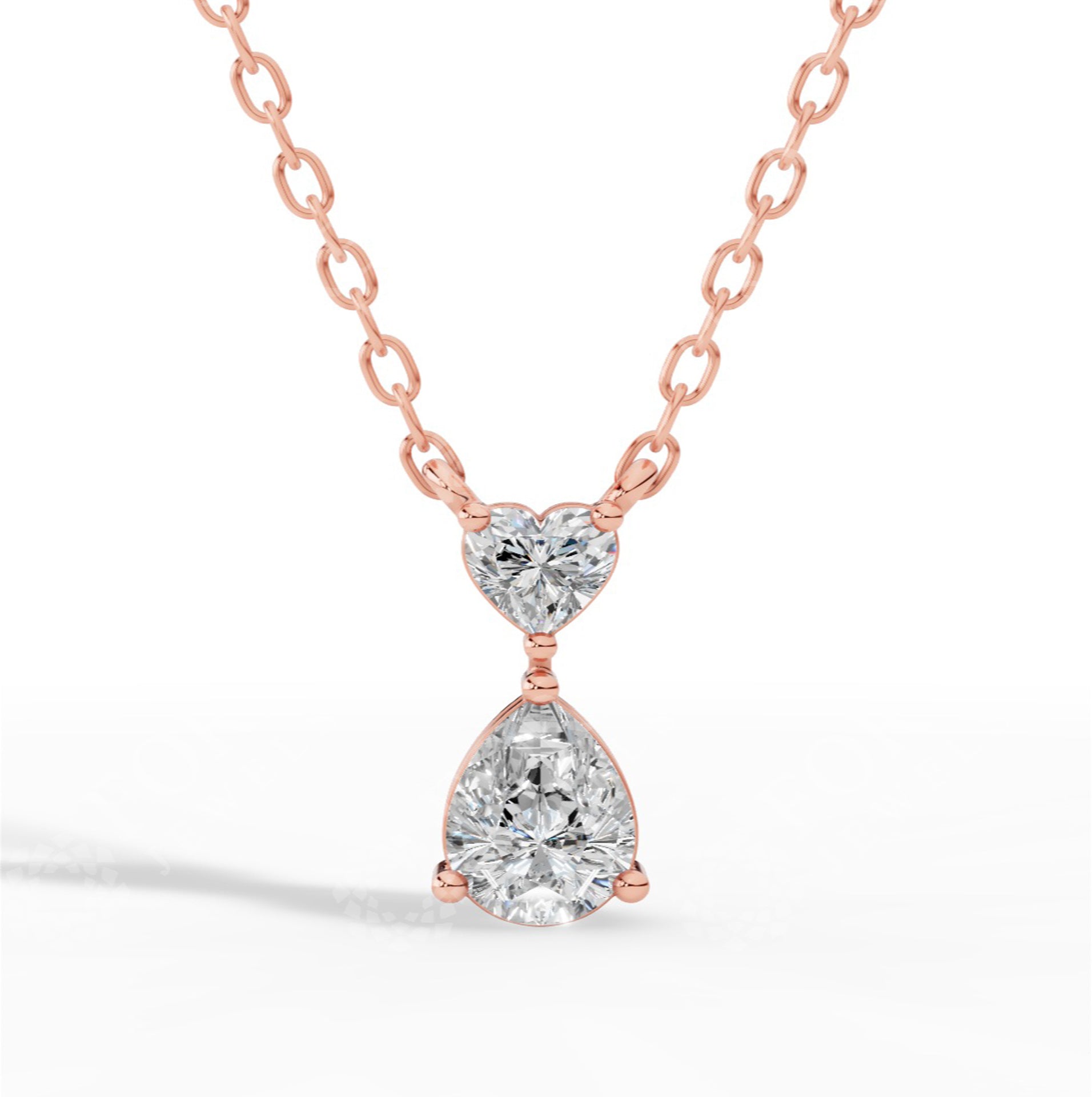 Tear Drop Double Charm Chained Necklace With Heart And Pear Cut 10K Rose Gold 0.8 CTW