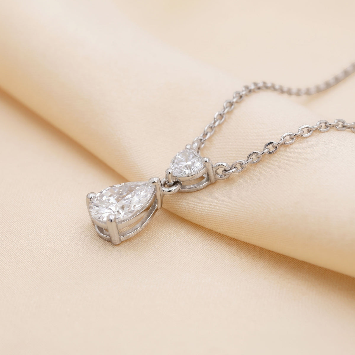 Tear Drop Double Charm Chained Necklace With Heart And Pear Cut 10K White Gold 0.7 CTW