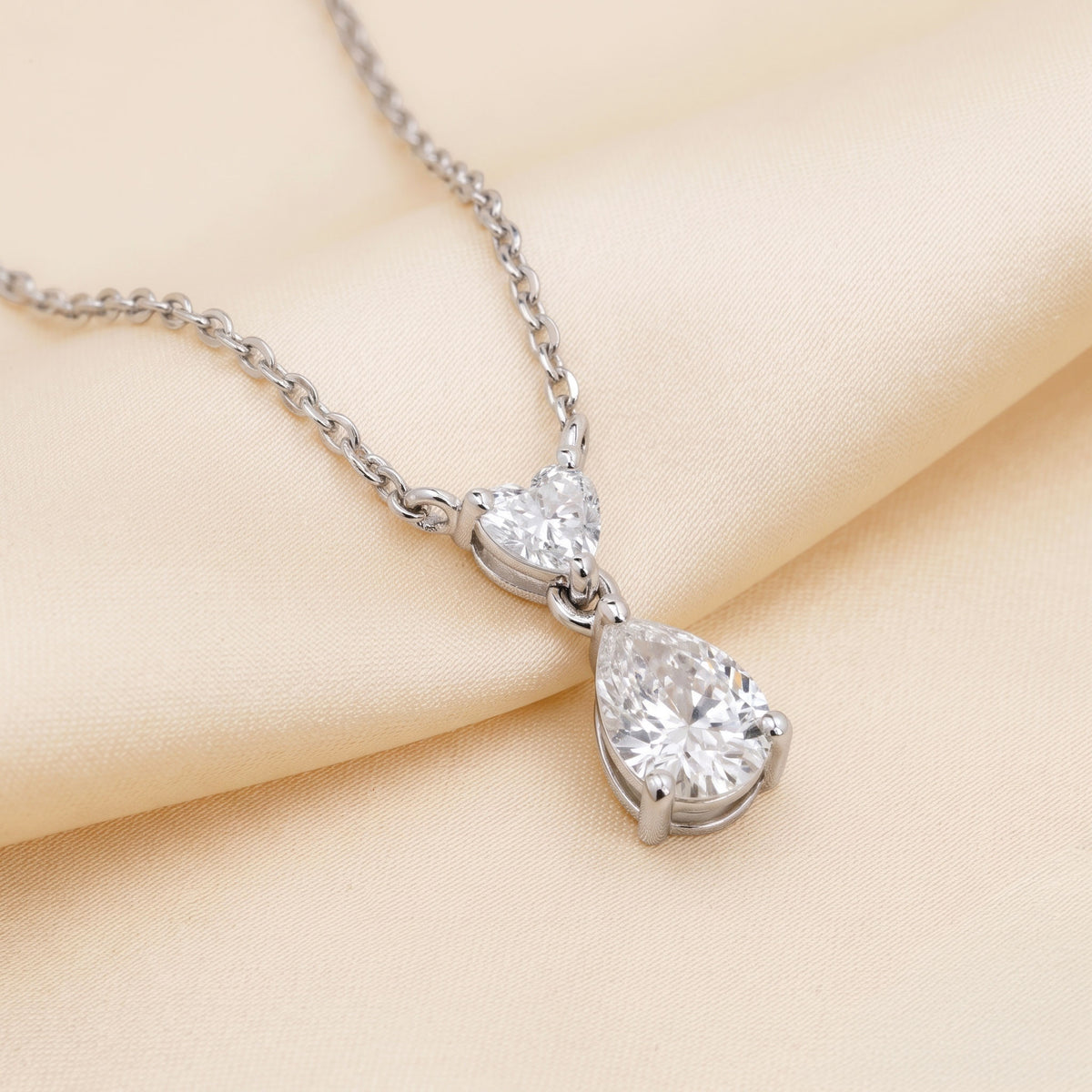 Tear Drop Double Charm Chained Necklace With Heart And Pear Cut 10K White Gold 0.7 CTW
