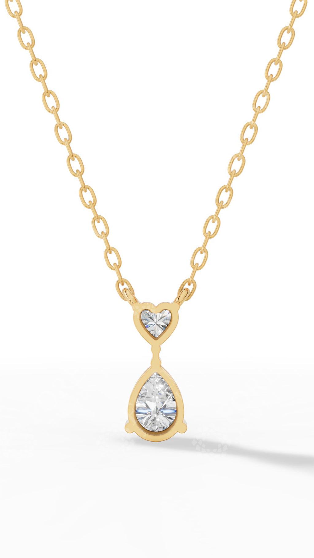 Tear Drop Double Charm Chained Necklace With Heart And Pear Cut 10K Yellow Gold 0.8 CTW