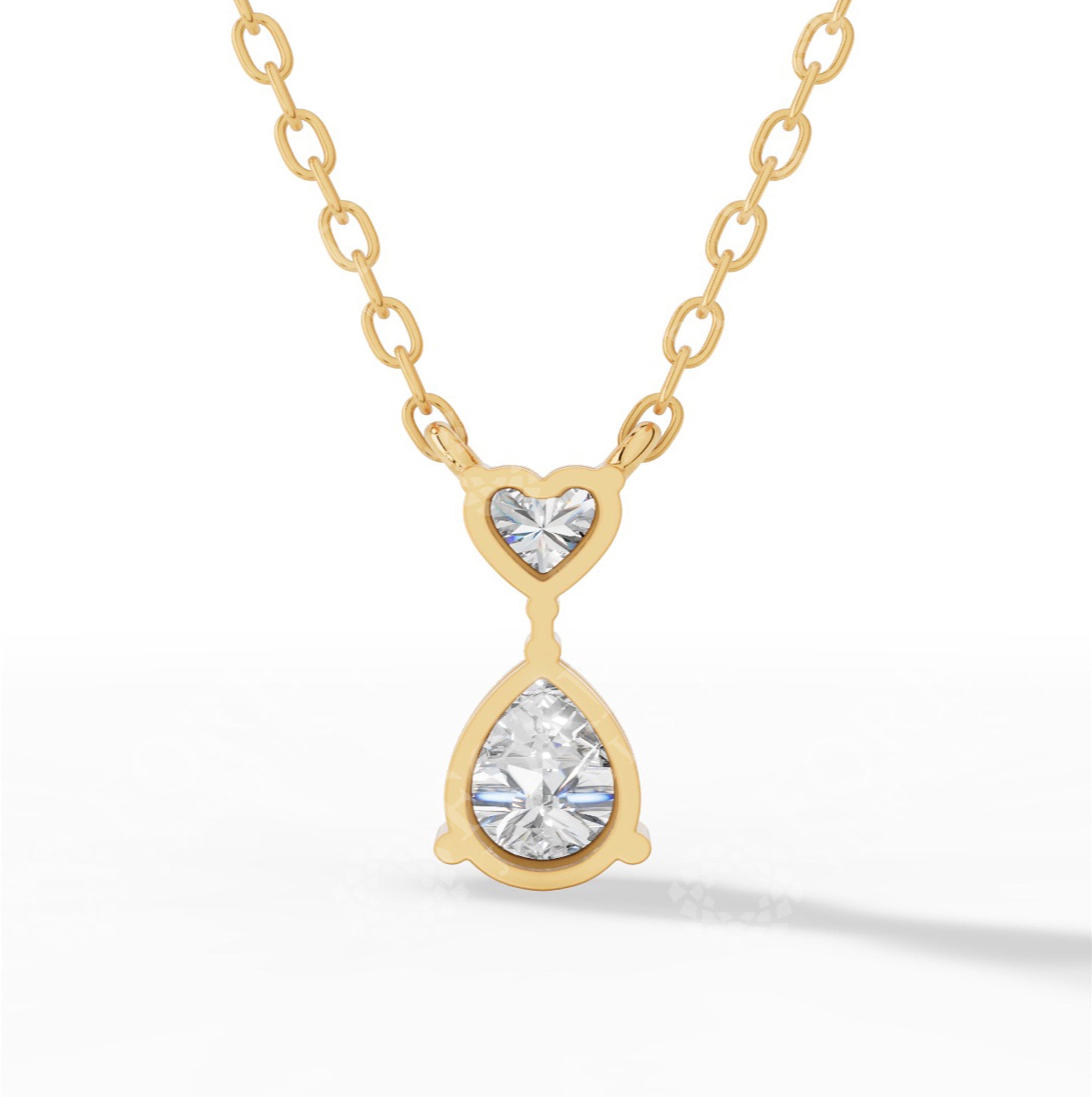 Tear Drop Double Charm Chained Necklace With Heart And Pear Cut 10K Yellow Gold 0.8 CTW