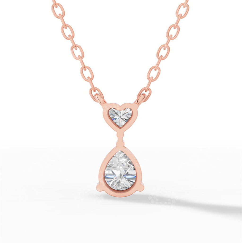 Tear Drop Double Charm Chained Necklace With Heart And Pear Cut 14K Rose Gold 0.8 CTW