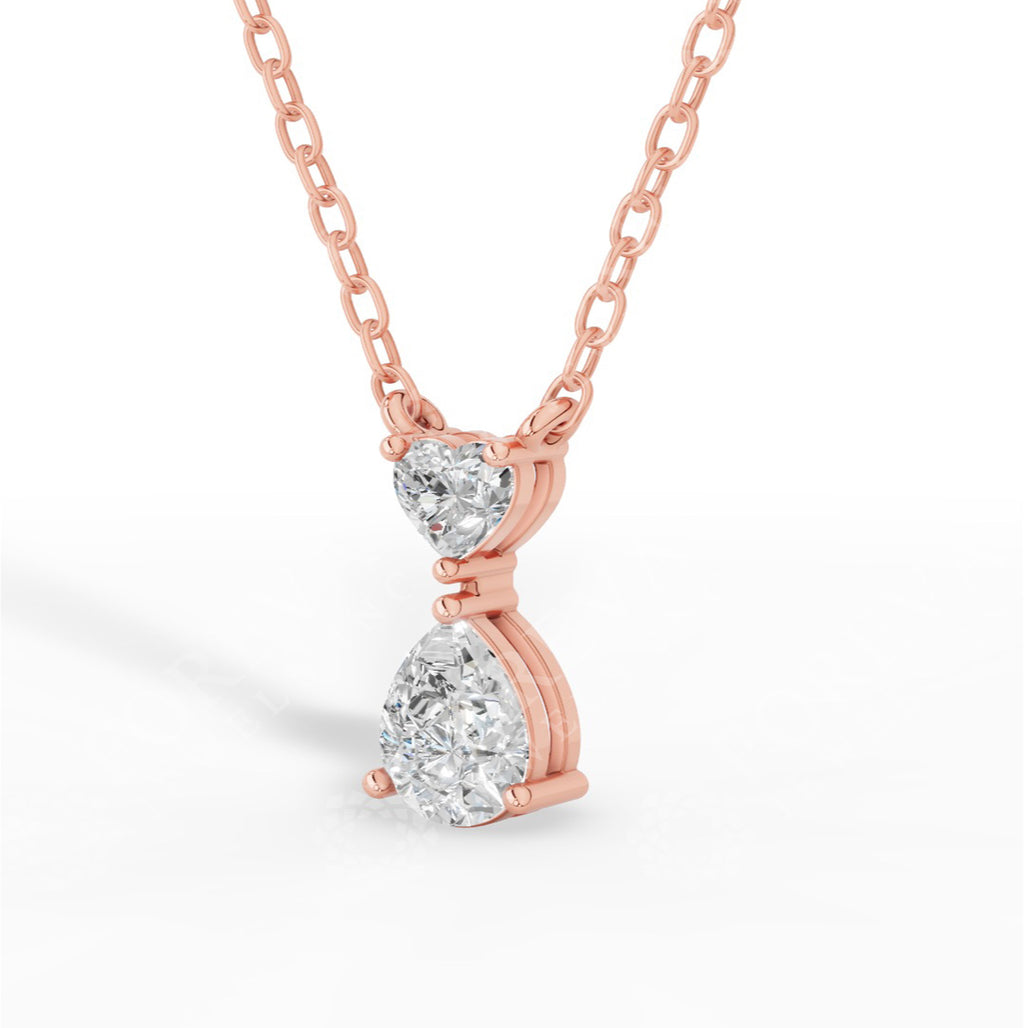 Tear Drop Double Charm Chained Necklace With Heart And Pear Cut 14K Rose Gold 0.8 CTW