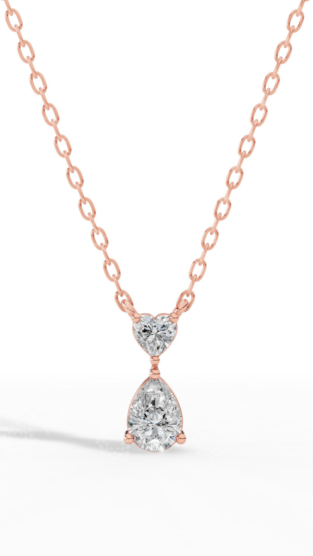 Tear Drop Double Charm Chained Necklace With Heart And Pear Cut 14K Rose Gold 0.8 CTW