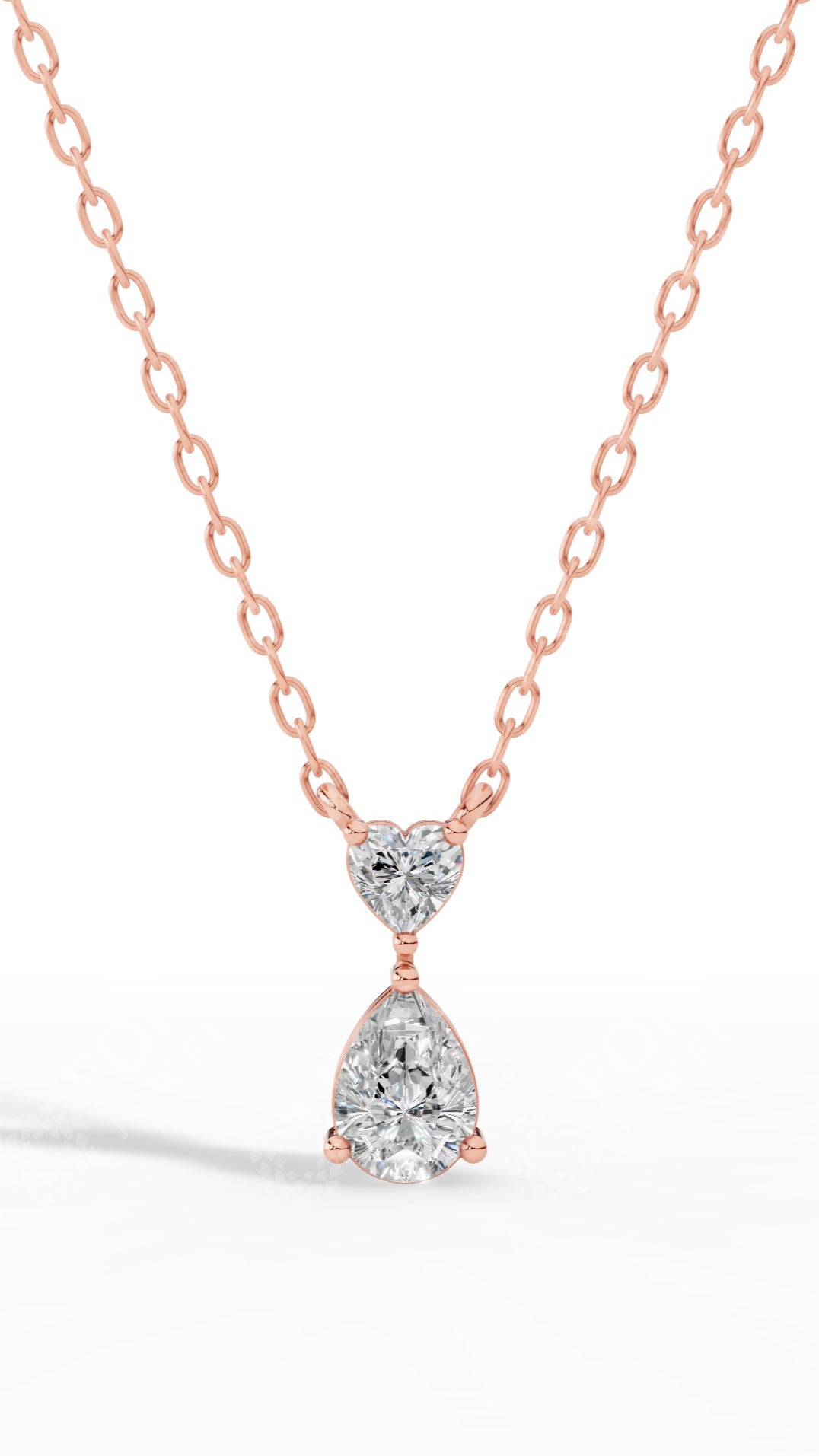 Tear Drop Double Charm Chained Necklace With Heart And Pear Cut 14K Rose Gold 0.8 CTW