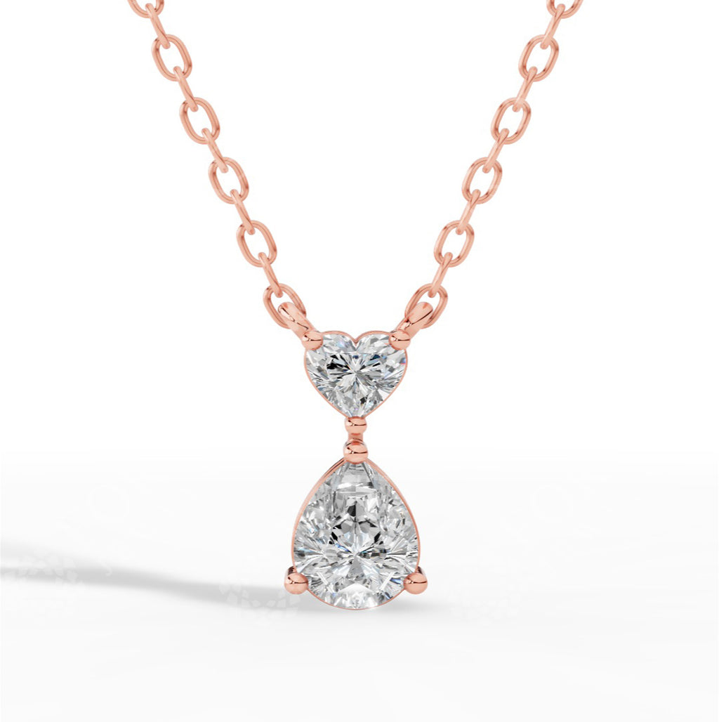 Tear Drop Double Charm Chained Necklace With Heart And Pear Cut 14K Rose Gold 0.8 CTW