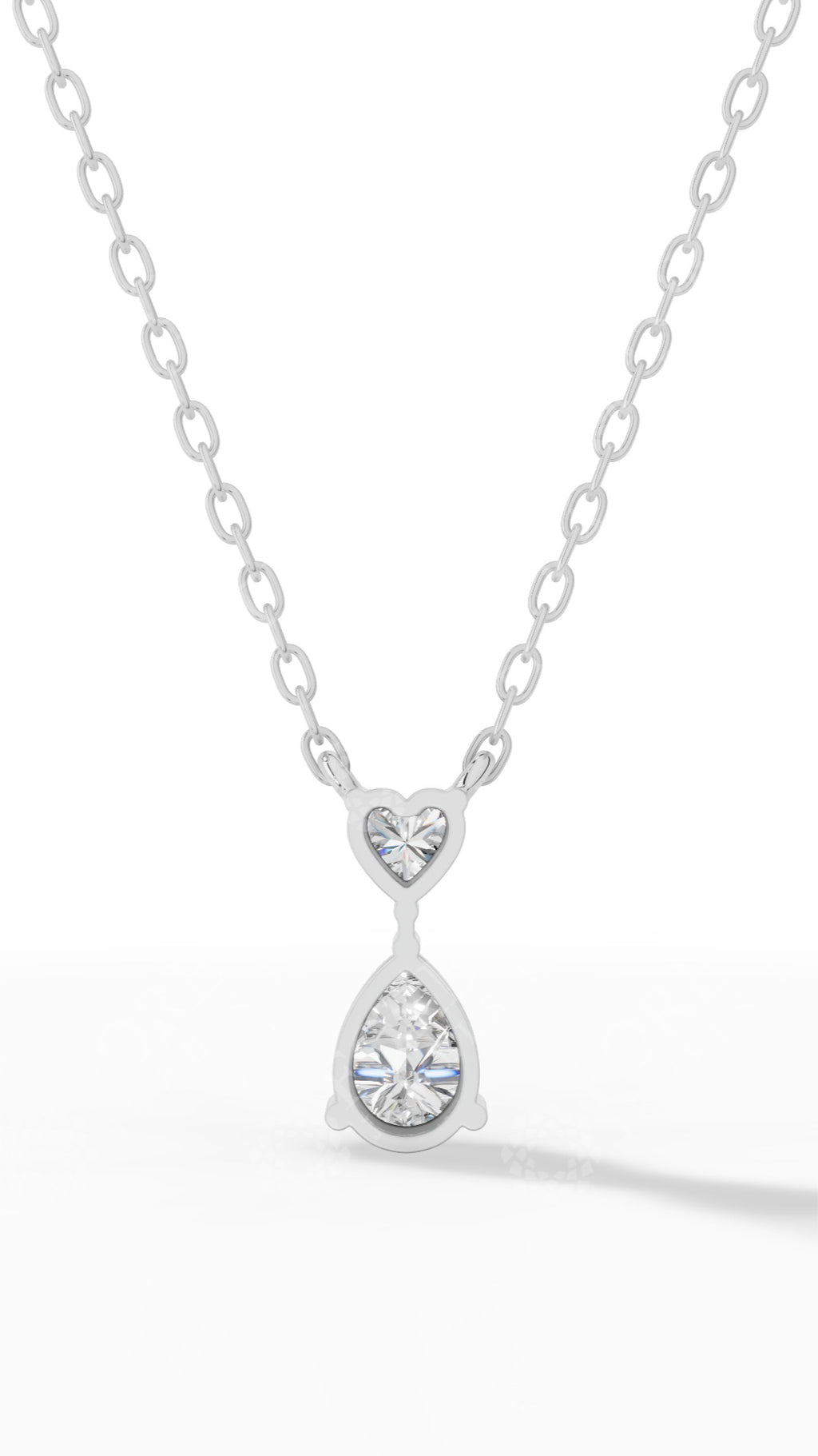 Tear Drop Double Charm Chained Necklace With Heart And Pear Cut 14K White Gold 0.8 CTW