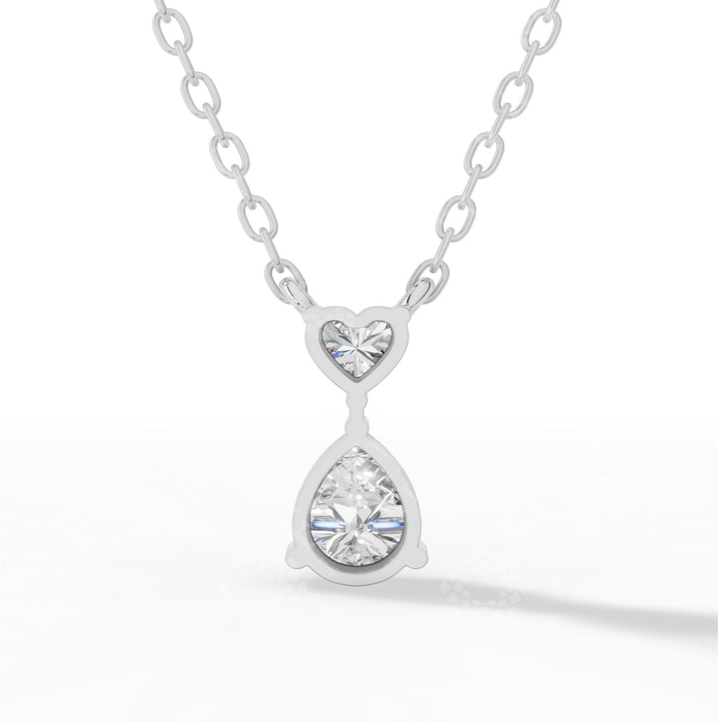Tear Drop Double Charm Chained Necklace With Heart And Pear Cut 14K White Gold 0.8 CTW