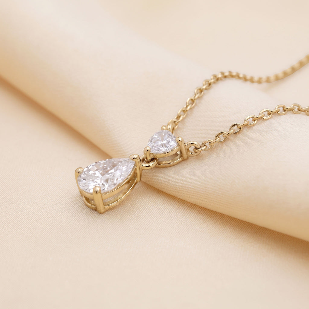 Tear Drop Double Charm Chained Necklace With Heart And Pear Cut 14K Yellow Gold 0.7 CTW