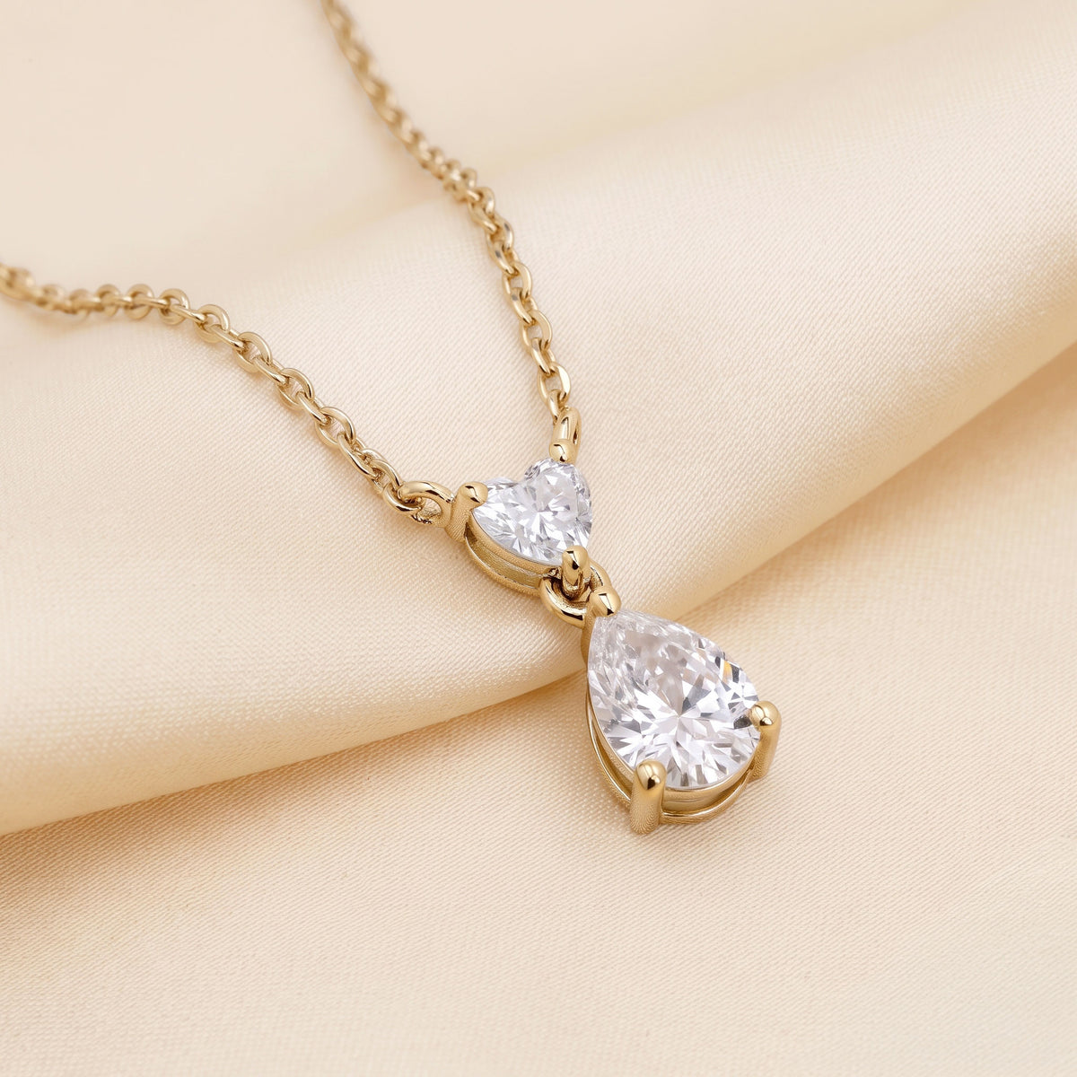 Tear Drop Double Charm Chained Necklace With Heart And Pear Cut 14K Yellow Gold 0.7 CTW