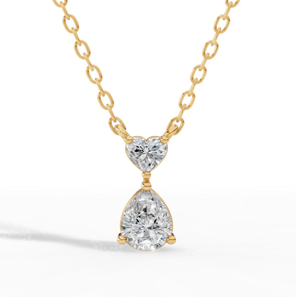 Tear Drop Double Charm Chained Necklace With Heart And Pear Cut 14K Yellow Gold 0.8 CTW