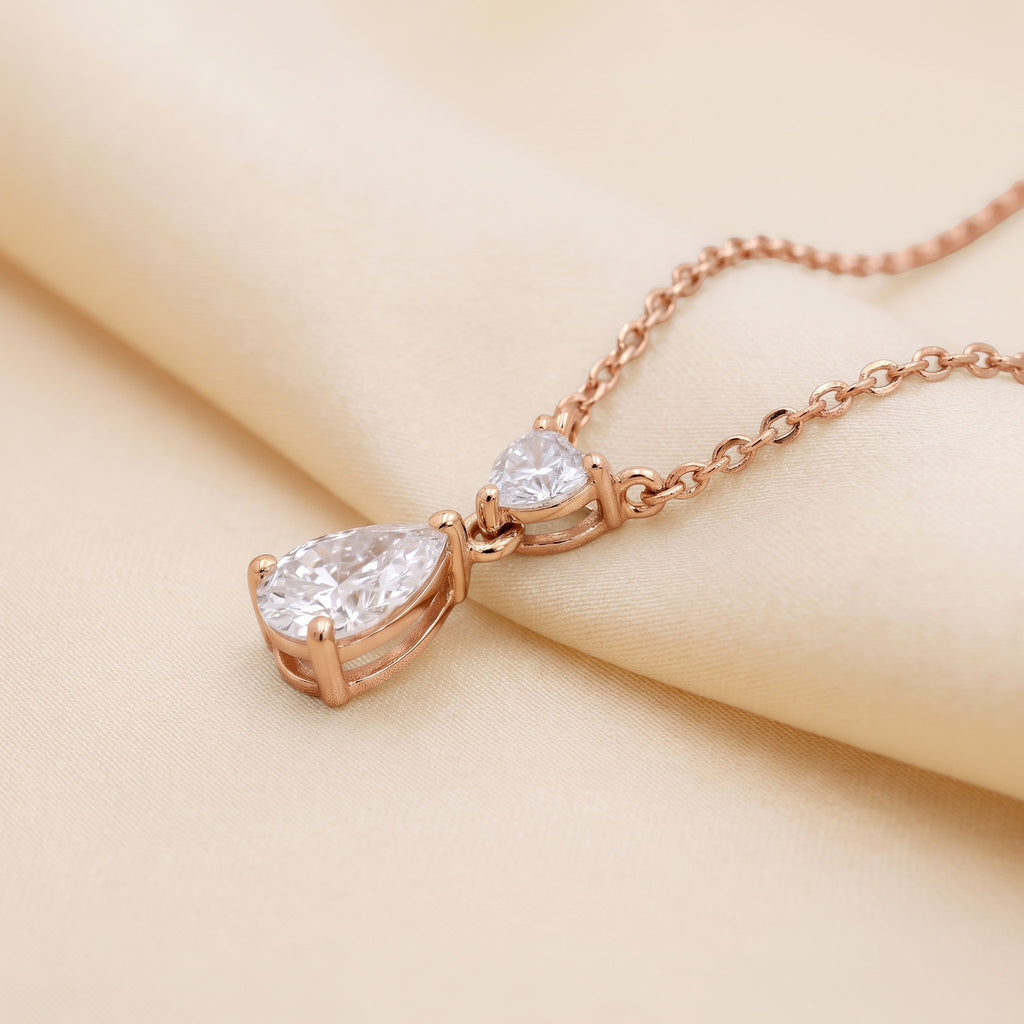 Tear Drop Double Charm Chained Necklace With Heart And Pear Cut 18K Rose Gold 0.7 CTW