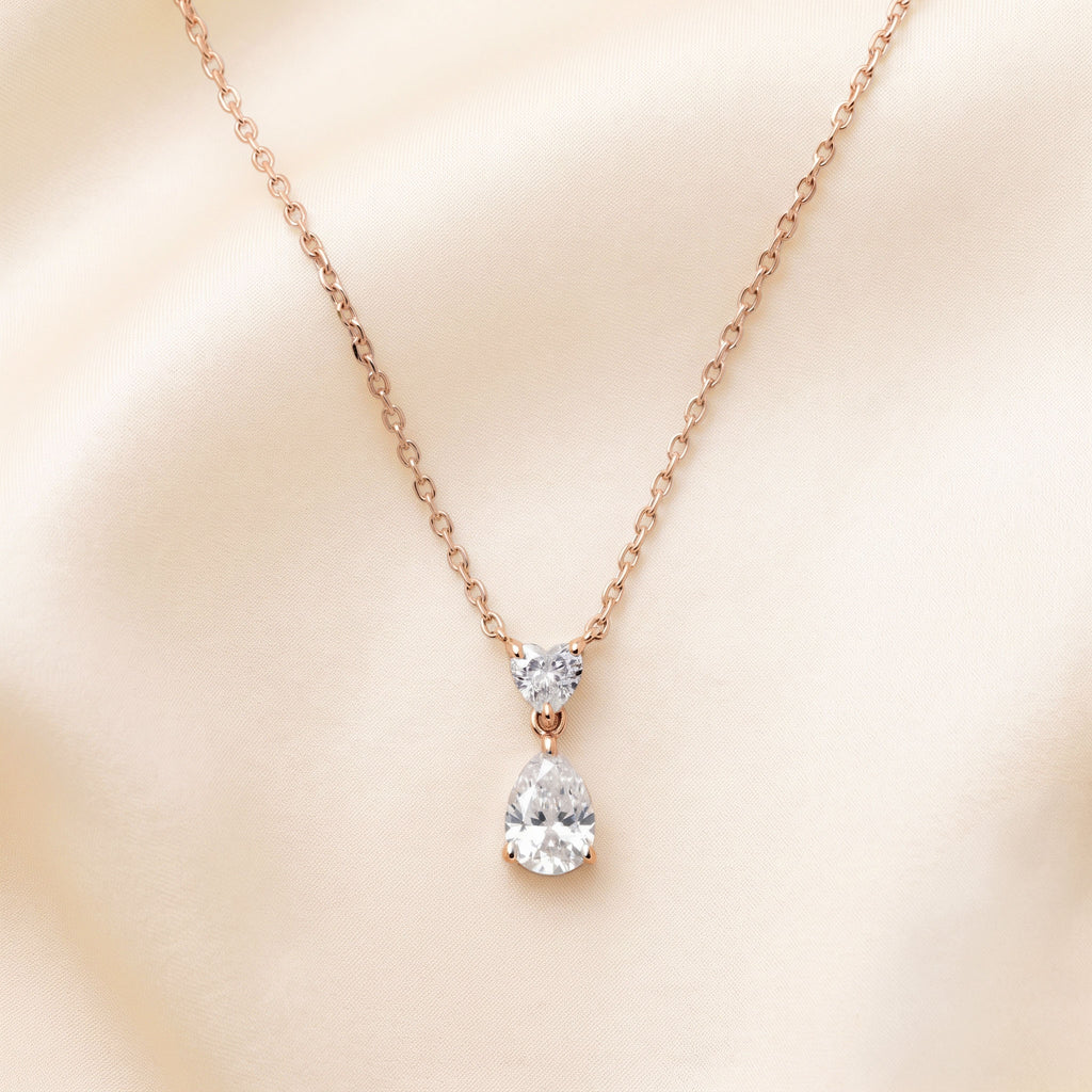 Tear Drop Double Charm Chained Necklace With Heart And Pear Cut 18K Rose Gold 0.7 CTW