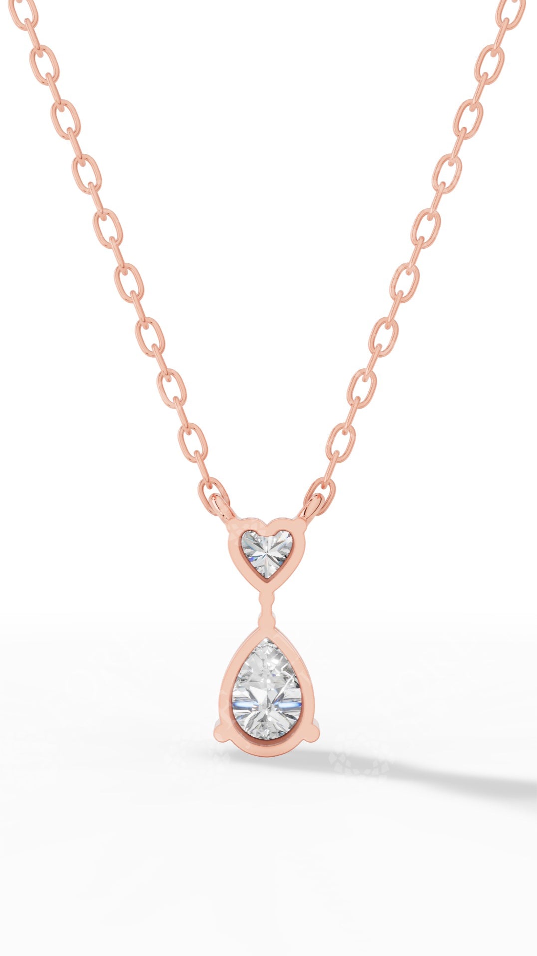 Tear Drop Double Charm Chained Necklace With Heart And Pear Cut 18K Rose Gold 0.8 CTW