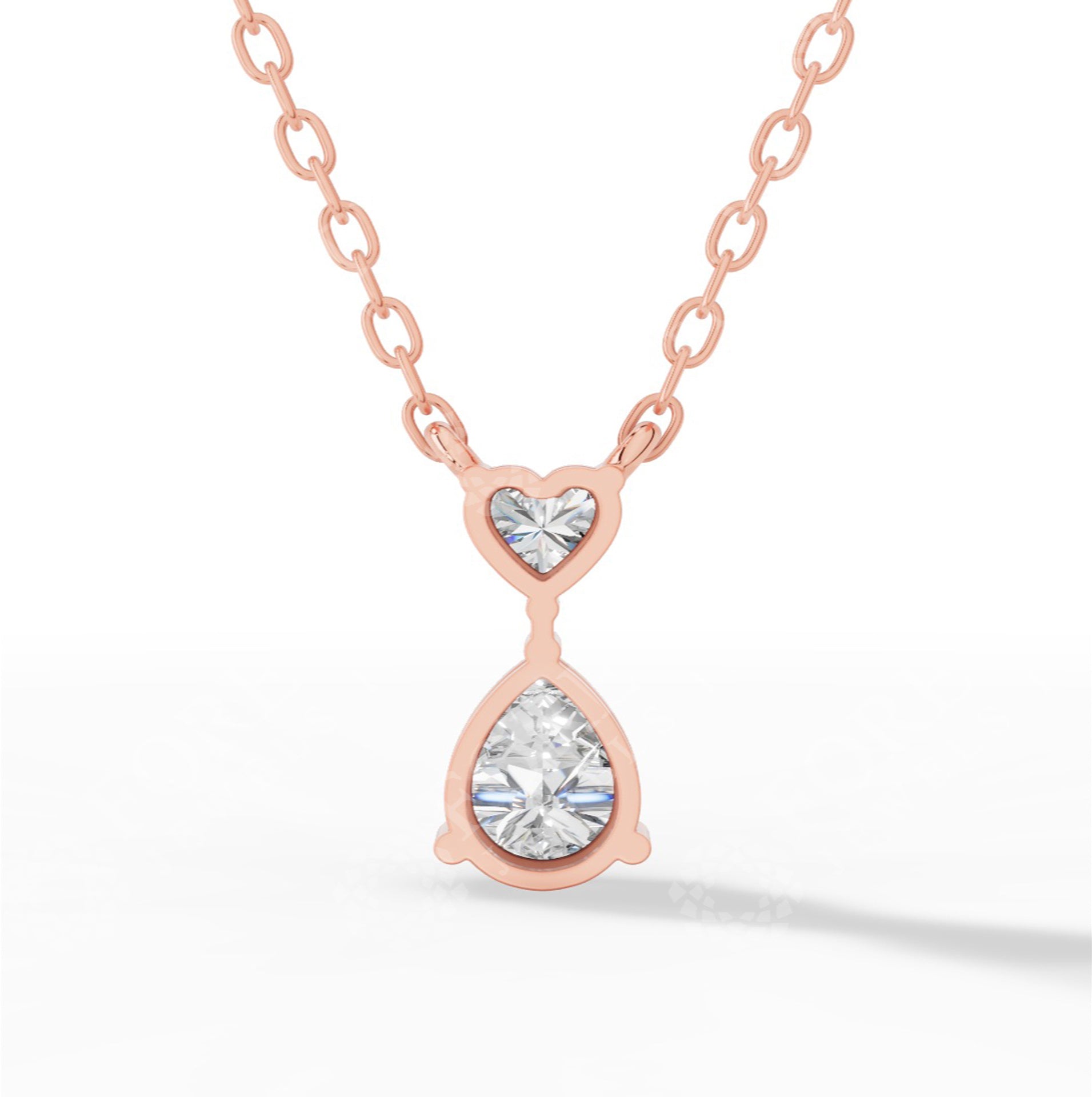 Tear Drop Double Charm Chained Necklace With Heart And Pear Cut 18K Rose Gold 0.8 CTW