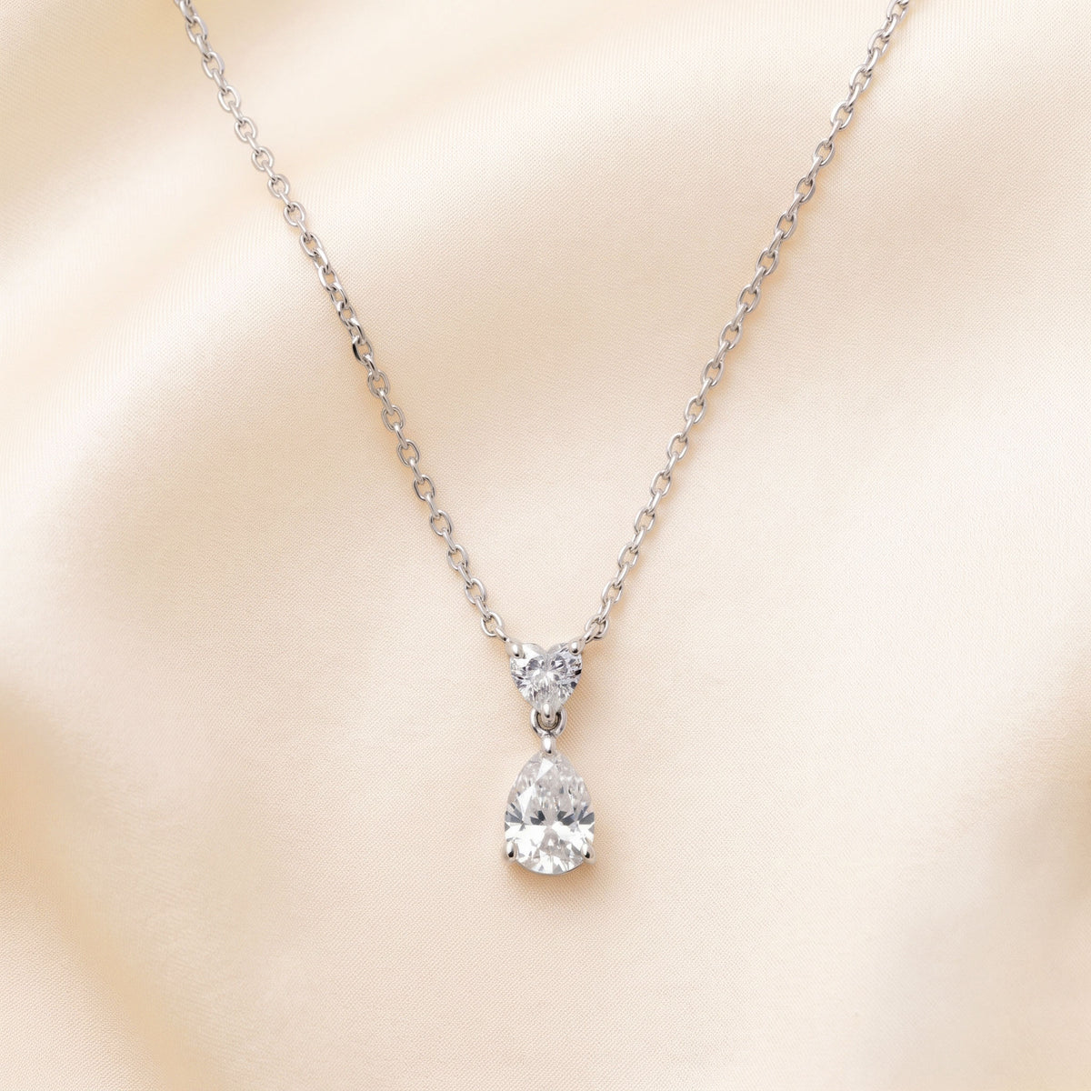 Tear Drop Double Charm Chained Necklace With Heart And Pear Cut 18K White Gold 0.7 CTW