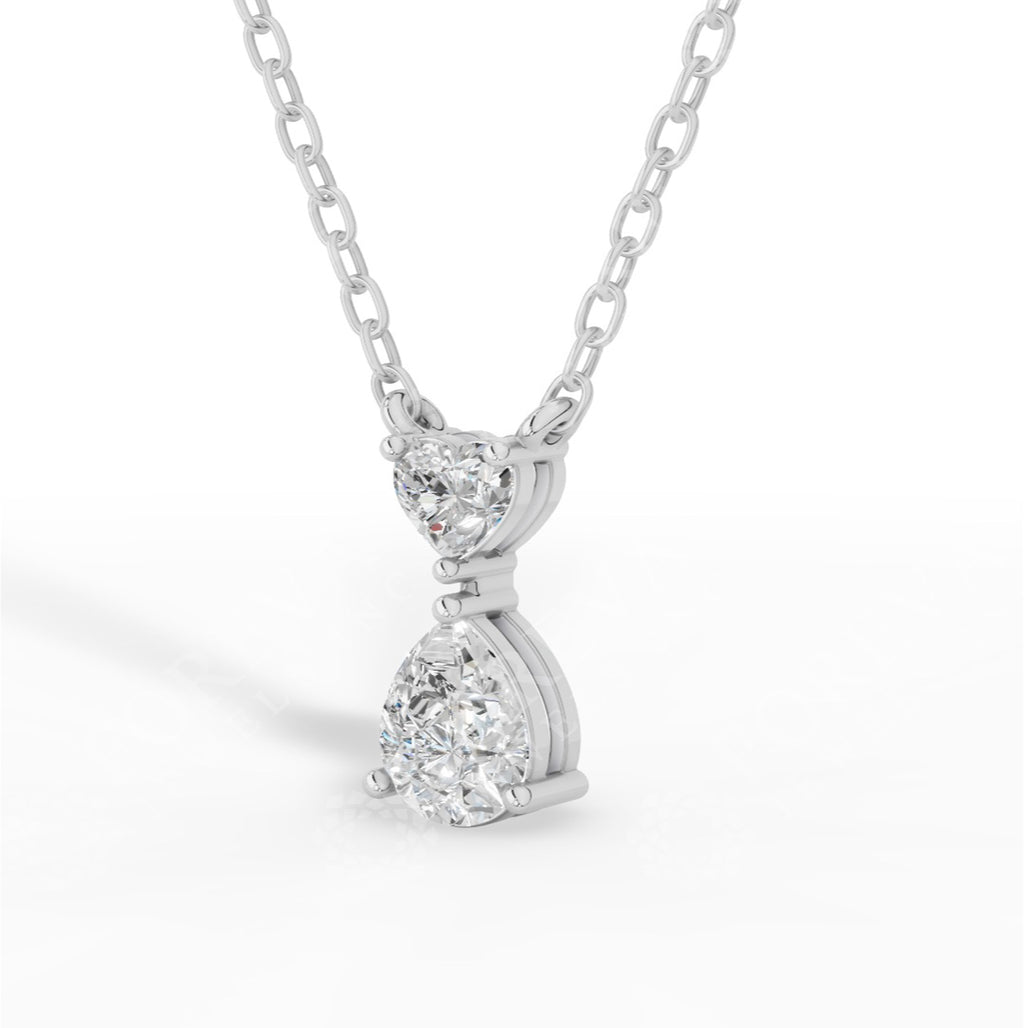Tear Drop Double Charm Chained Necklace With Heart And Pear Cut 18K White Gold 0.8 CTW