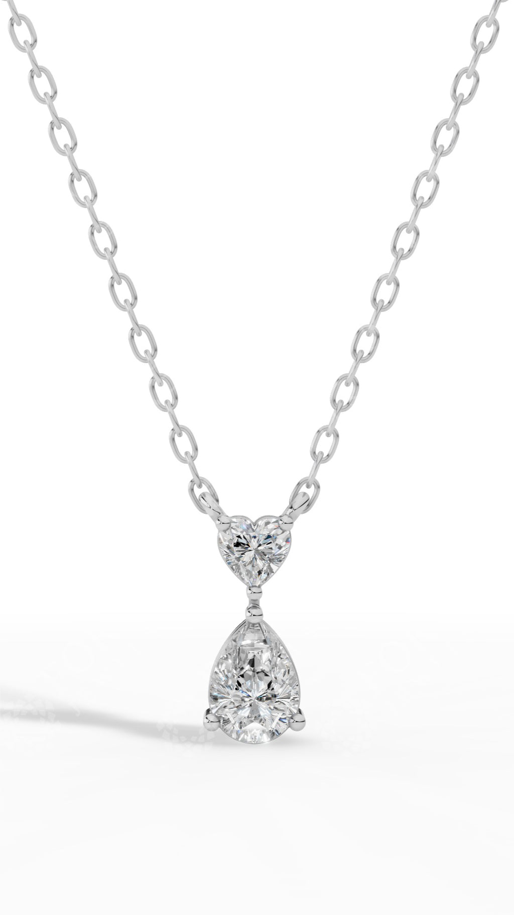 Tear Drop Double Charm Chained Necklace With Heart And Pear Cut 18K White Gold 0.8 CTW