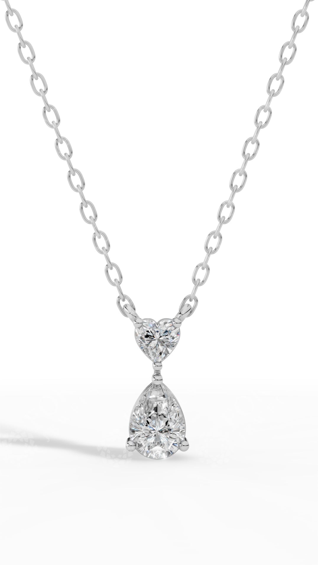 Tear Drop Double Charm Chained Necklace With Heart And Pear Cut 18K White Gold 0.8 CTW