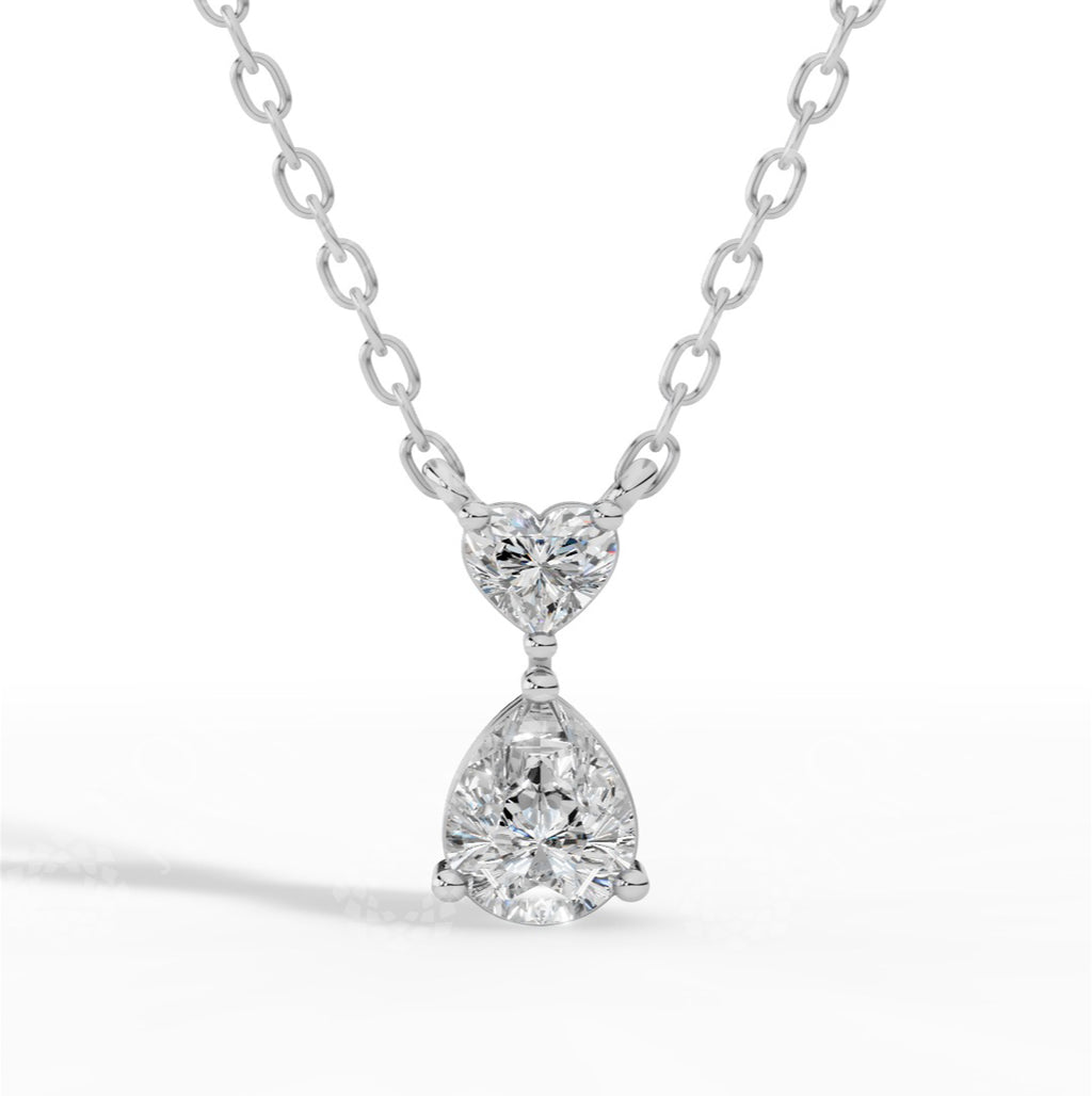 Tear Drop Double Charm Chained Necklace With Heart And Pear Cut 18K White Gold 0.8 CTW