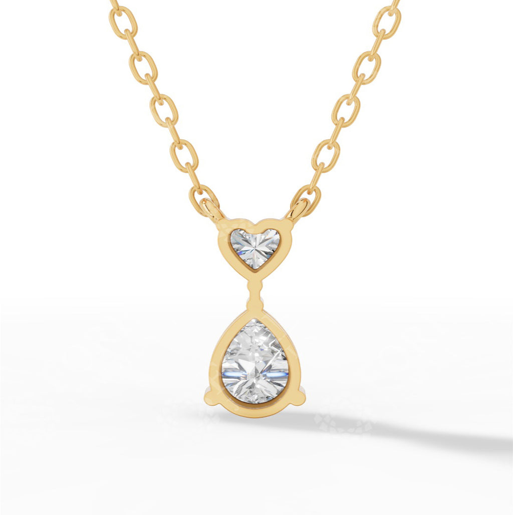 Tear Drop Double Charm Chained Necklace With Heart And Pear Cut 18K Yellow Gold 0.8 CTW