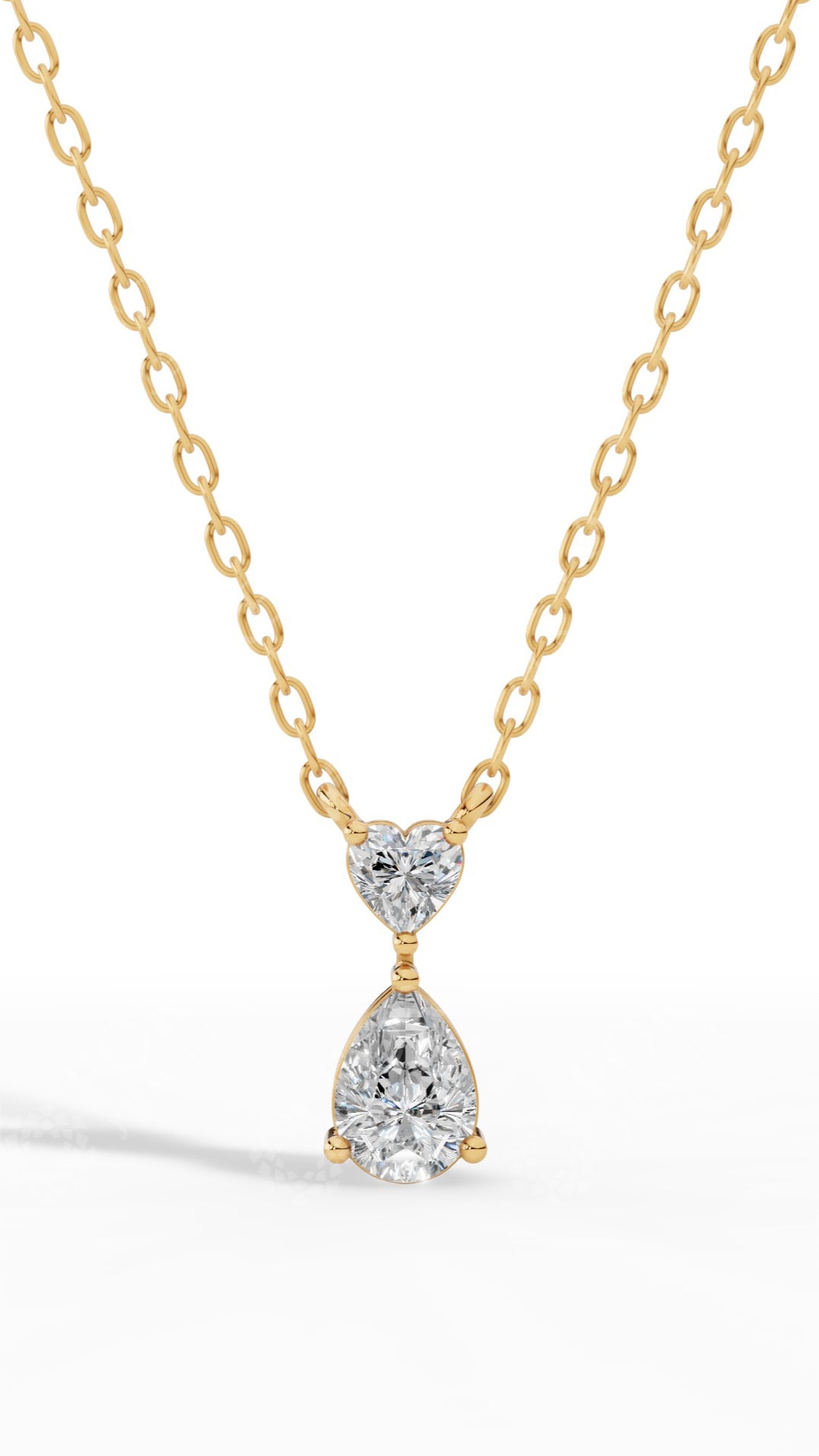 Tear Drop Double Charm Chained Necklace With Heart And Pear Cut 18K Yellow Gold 0.8 CTW