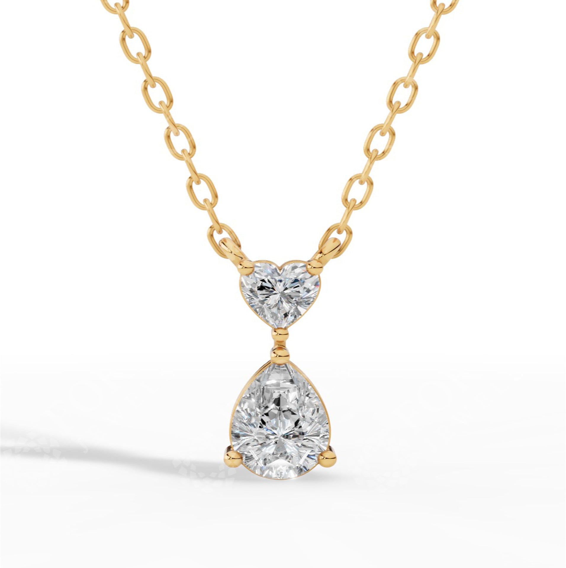 Tear Drop Double Charm Chained Necklace With Heart And Pear Cut 18K Yellow Gold 0.8 CTW
