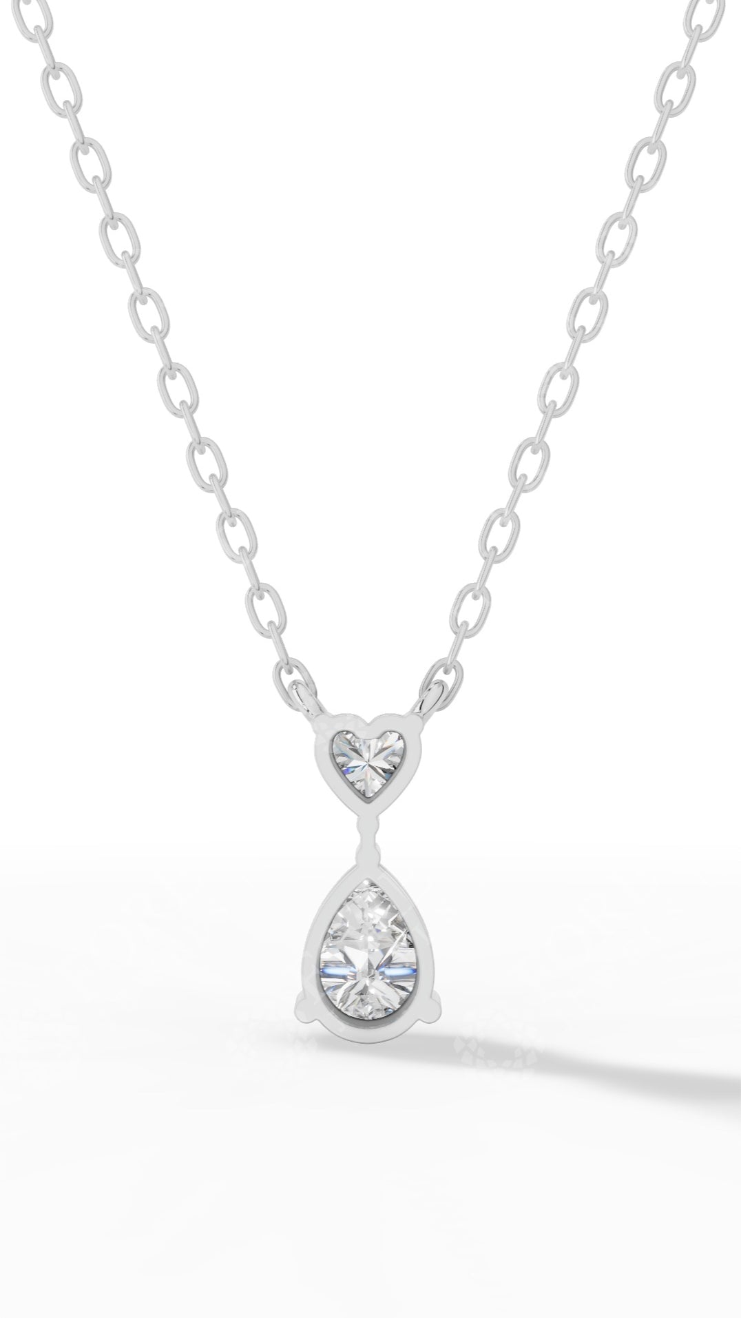 Tear Drop Double Charm Chained Necklace With Heart And Pear Cut 925 Sterling Silver 0.8 CTW