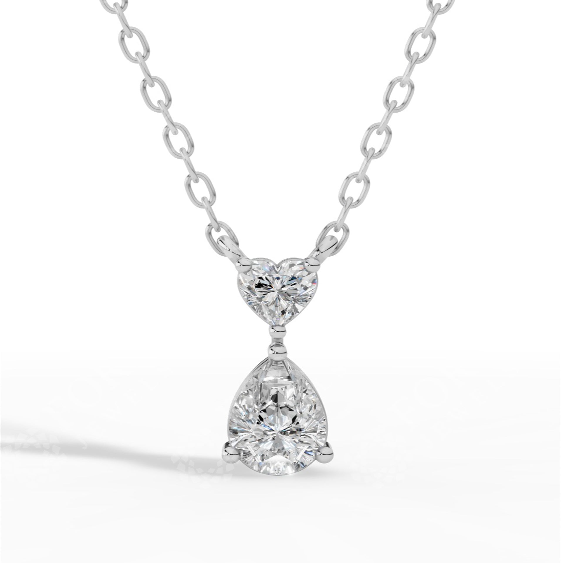 Tear Drop Double Charm Chained Necklace With Heart And Pear Cut 925 Sterling Silver 0.8 CTW