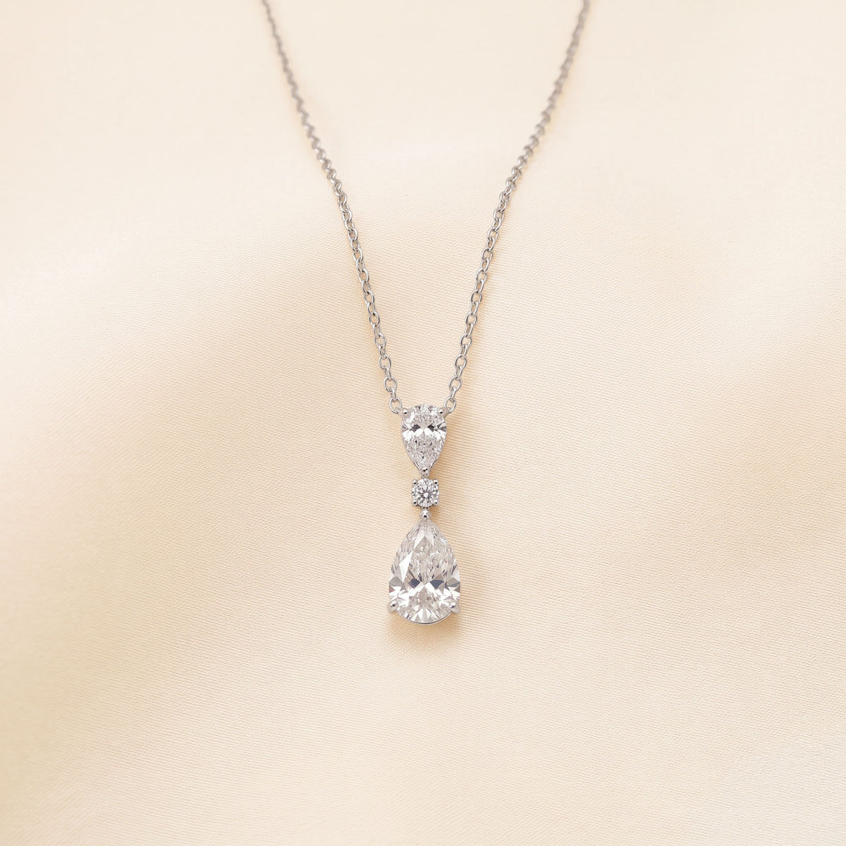 Tear Drop Three Stone Necklace Embracing Perfect Pear And Round Cut With Chain 18K White Gold 2.5 CTW