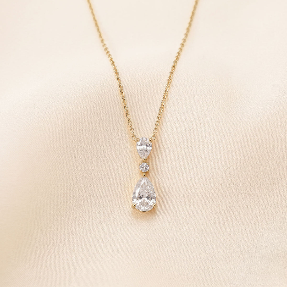 Tear Drop Three Stone Necklace Embracing Perfect Pear And Round Cut With Chain 18K Yellow Gold 2.5 CTW
