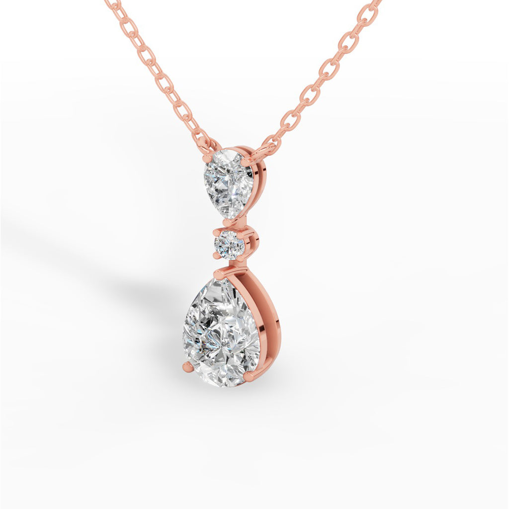 Tear Drop Three Stone Necklace Embracing Perfect Pear And Round Cut With Chain 10K Rose Gold 2.5 CTW