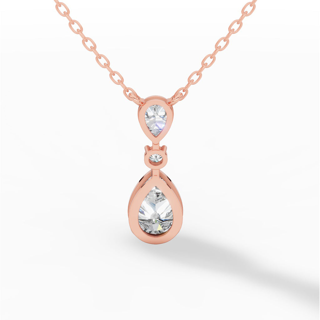 Tear Drop Three Stone Necklace Embracing Perfect Pear And Round Cut With Chain 14K Rose Gold 2.5 CTW