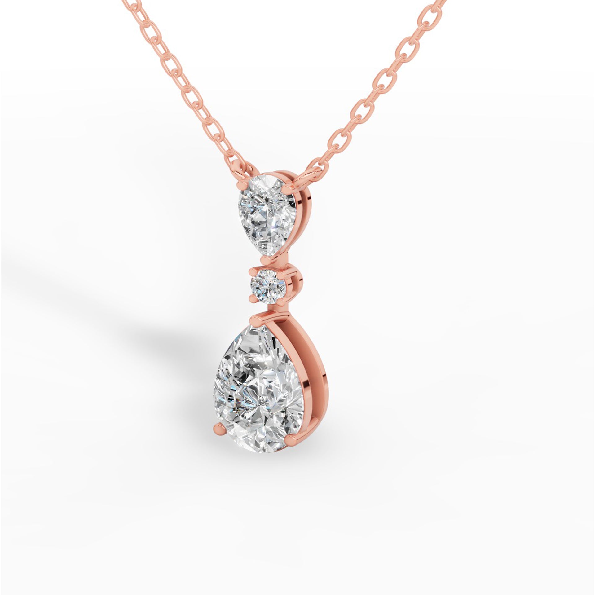 Tear Drop Three Stone Necklace Embracing Perfect Pear And Round Cut With Chain 14K Rose Gold 2.5 CTW