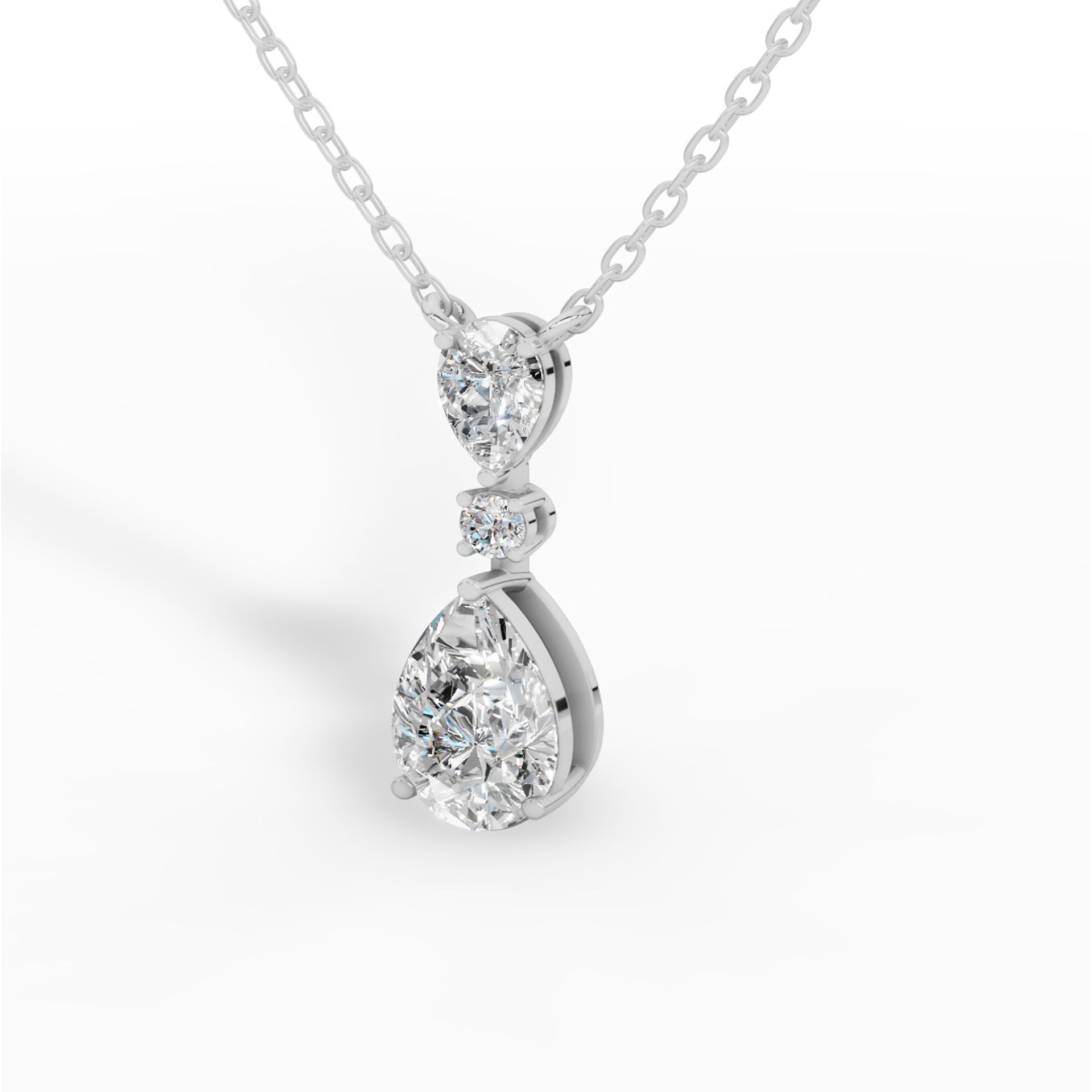 Tear Drop Three Stone Necklace Embracing Perfect Pear And Round Cut With Chain 14K White Gold 2.5 CTW