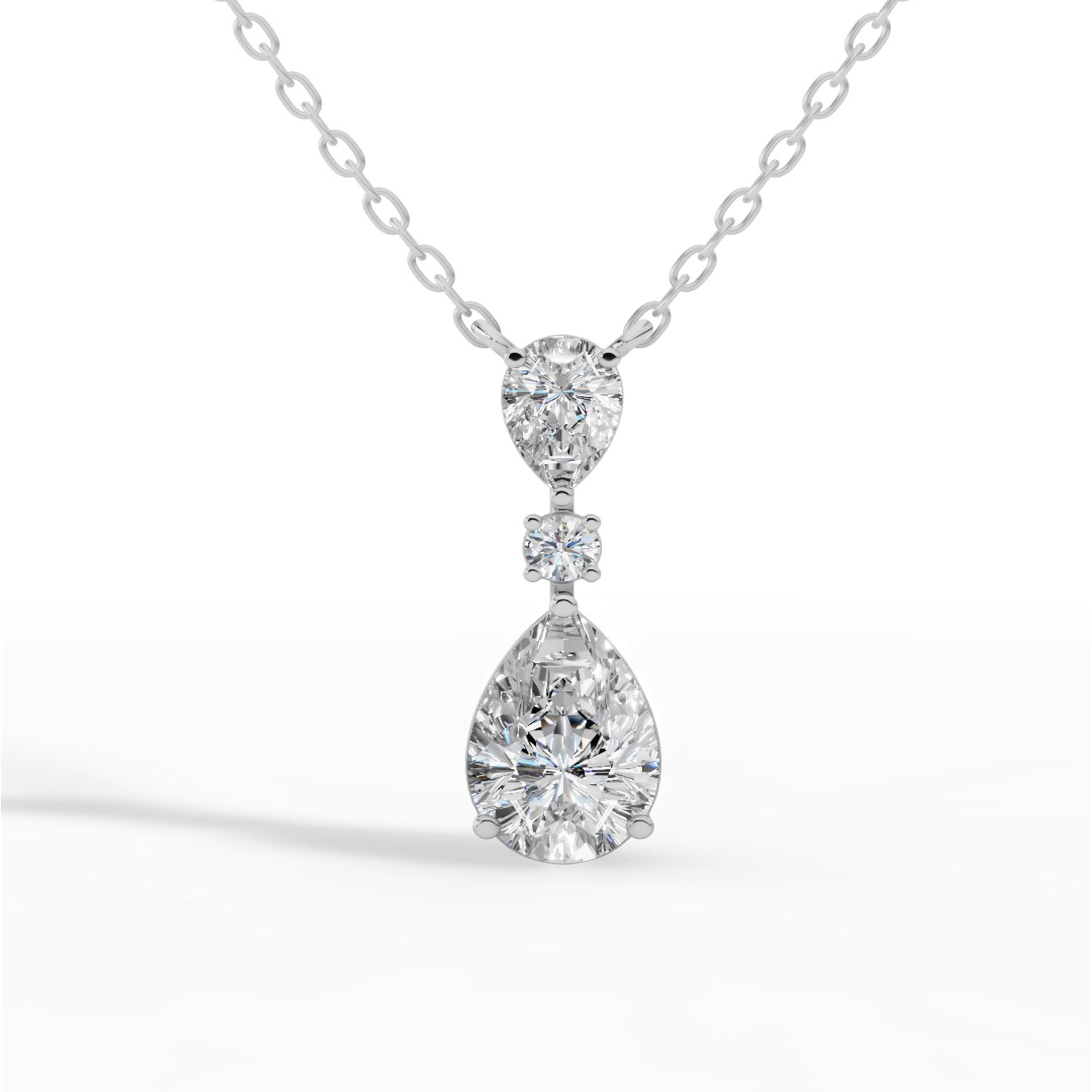 Tear Drop Three Stone Necklace Embracing Perfect Pear And Round Cut With Chain 14K White Gold 2.5 CTW