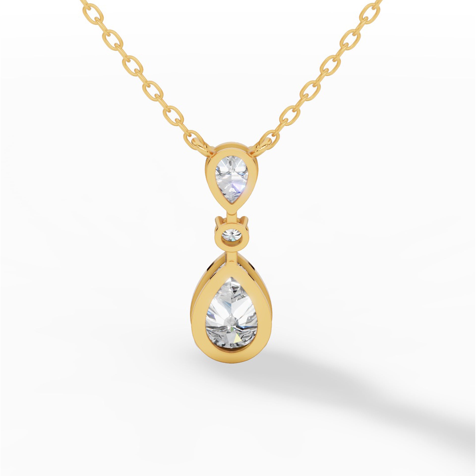 Tear Drop Three Stone Necklace Embracing Perfect Pear And Round Cut With Chain 14K Yellow Gold 2.5 CTW