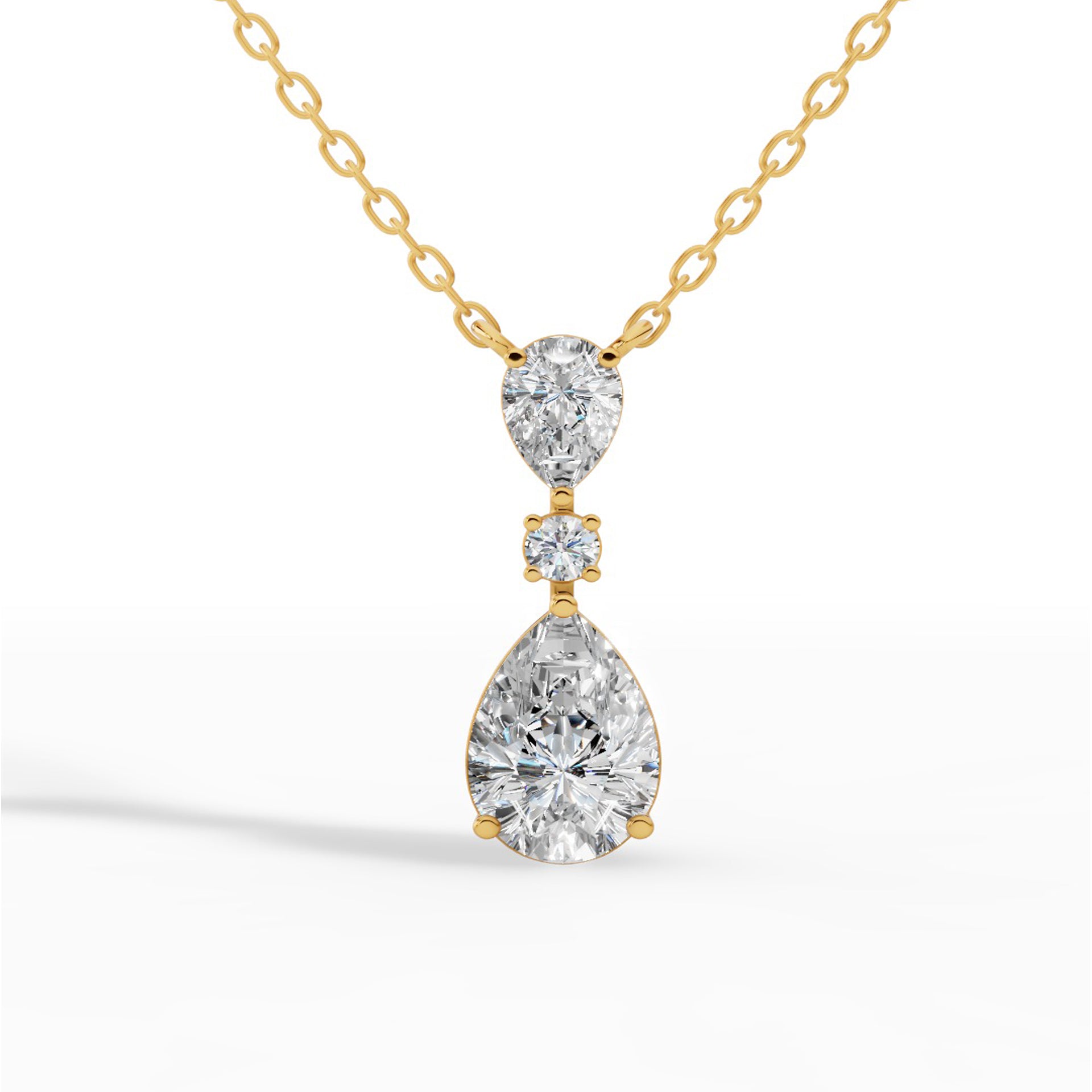 Tear Drop Three Stone Necklace Embracing Perfect Pear And Round Cut With Chain 14K Yellow Gold 2.5 CTW