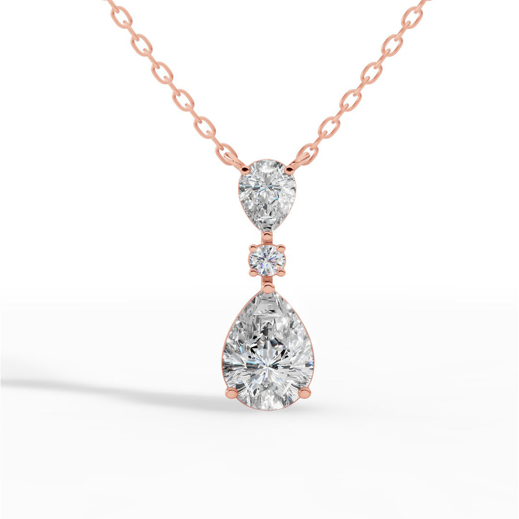 Tear Drop Three Stone Necklace Embracing Perfect Pear And Round Cut With Chain 18K Rose Gold 2.5 CTW