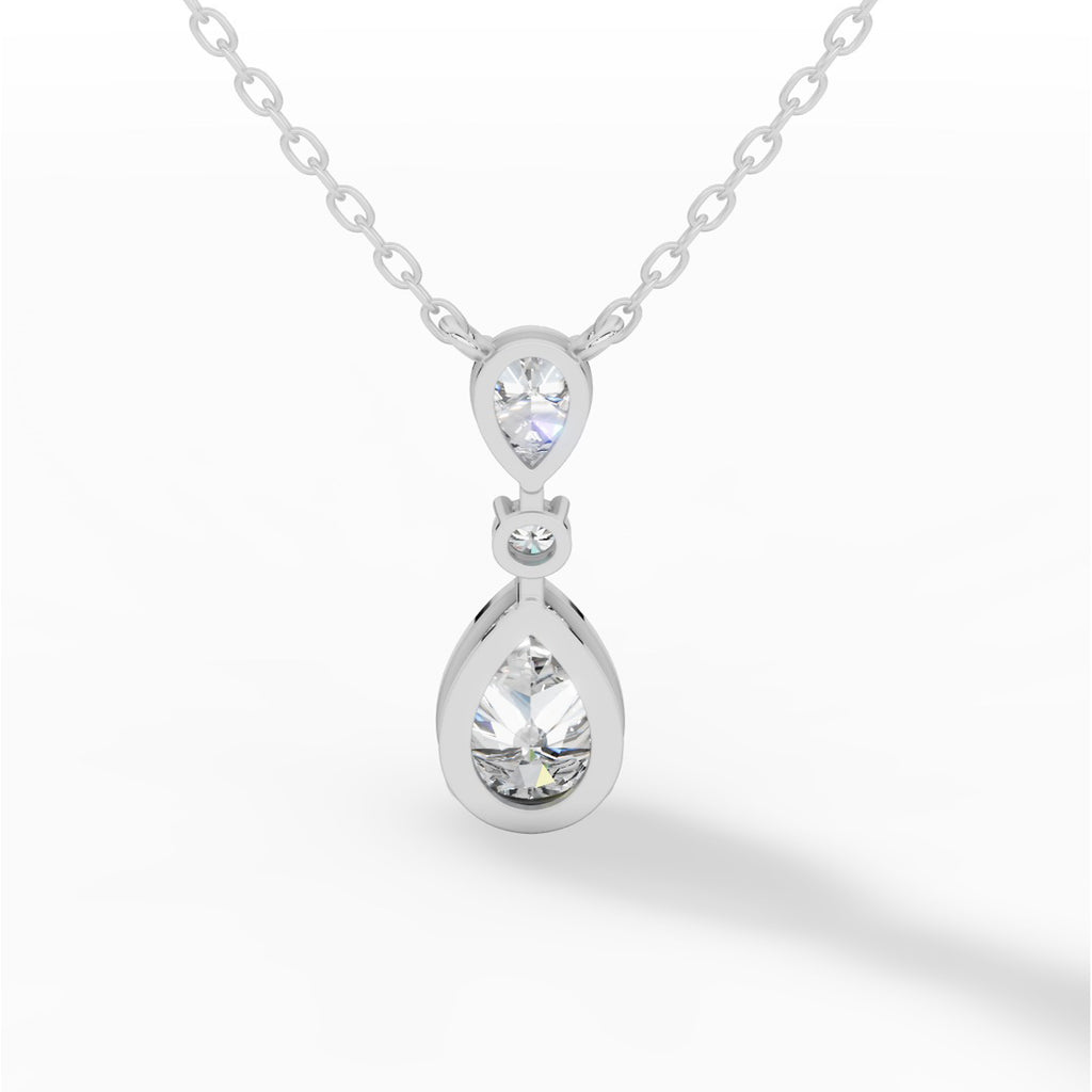 Tear Drop Three Stone Necklace Embracing Perfect Pear And Round Cut With Chain 18K White Gold 2.5 CTW