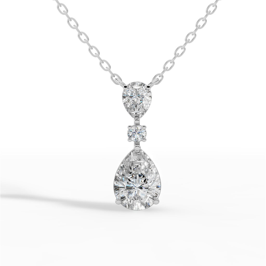 Tear Drop Three Stone Necklace Embracing Perfect Pear And Round Cut With Chain 18K White Gold 2.5 CTW