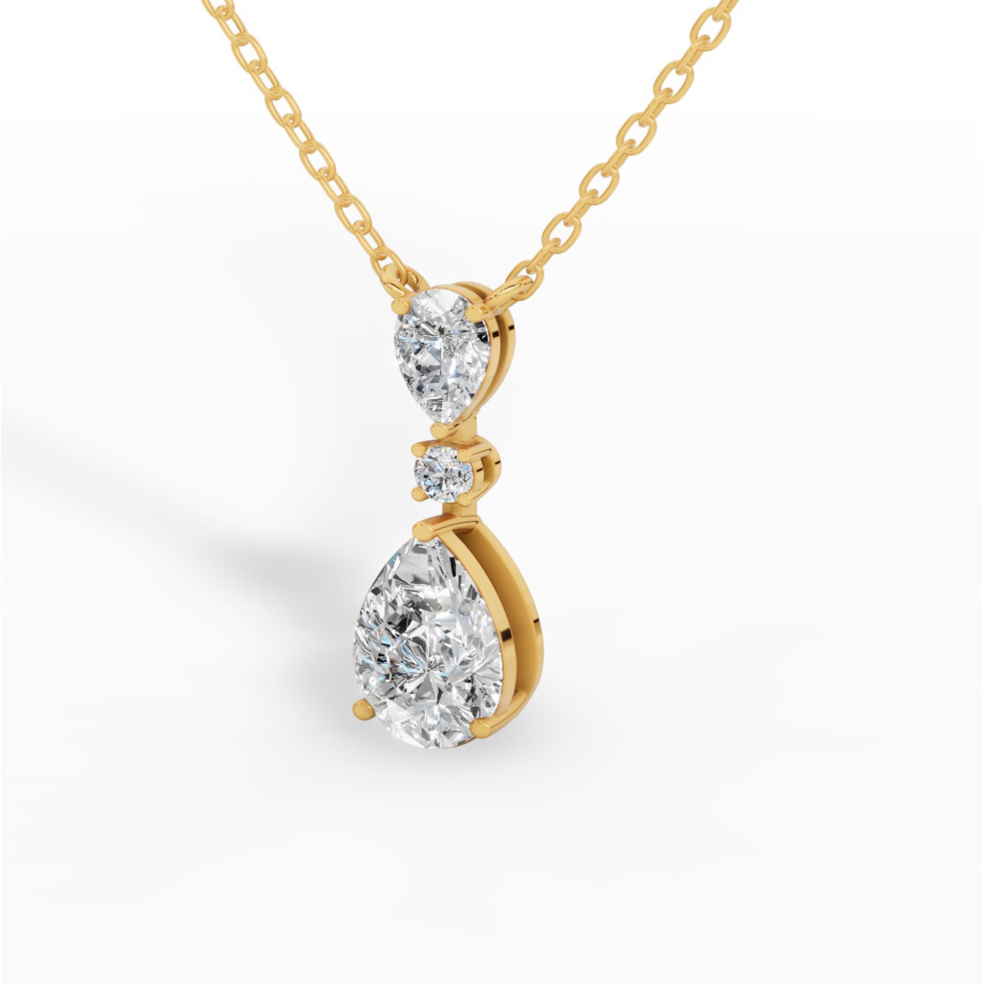 Tear Drop Three Stone Necklace Embracing Perfect Pear And Round Cut With Chain 18K Yellow Gold 2.5 CTW