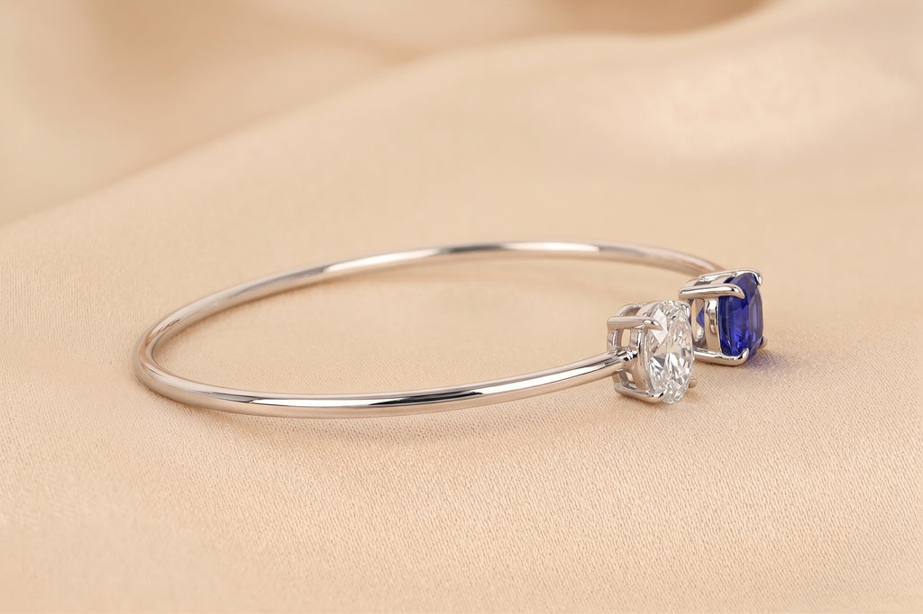 Toi Et Moi Cushion & Oval Lab Grown Diamond Bangle Bracelet in 18K White Gold 2.50 CTW