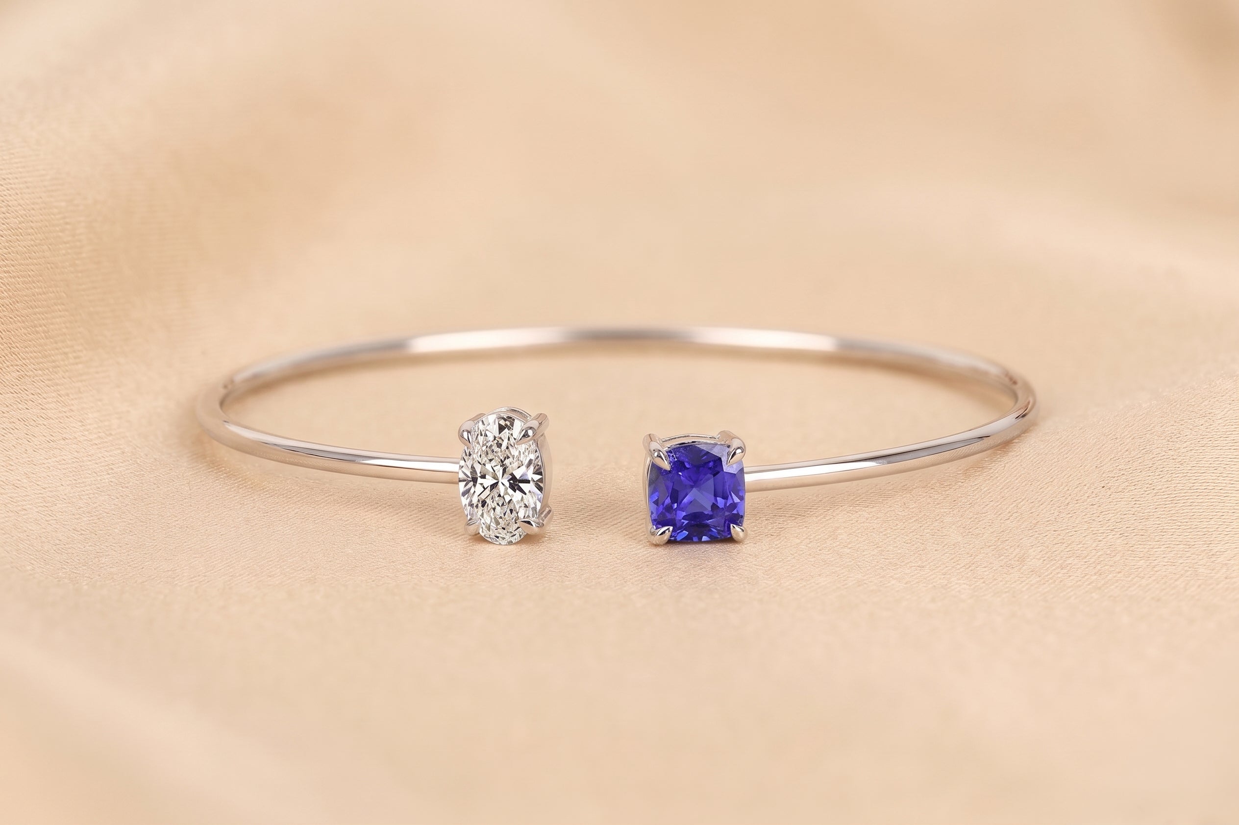 Toi Et Moi Cushion & Oval Lab Grown Diamond Bangle Bracelet in 18K White Gold 2.50 CTW