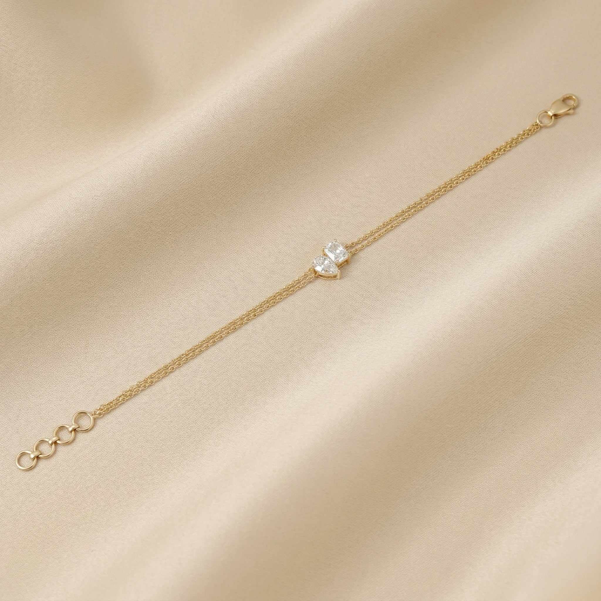 Toi Et Moi Elongated Prong Pear & Emerald Cut Delicate Double-Chain Bracelet Lab Grown Diamonds 10K Yellow Gold 0.9 CTW